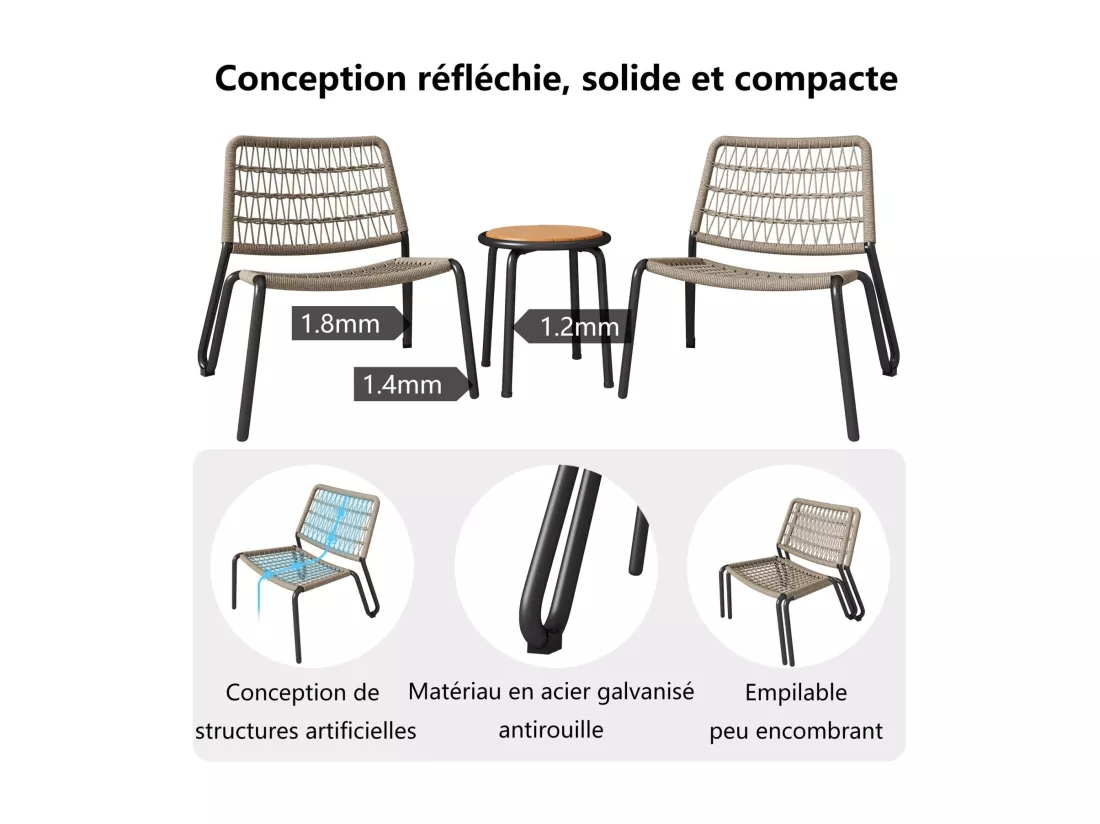 Lot de 3 salon de jardin en acier galvanisé - 2 fauteuils ergonomique et une table d'appoint ronde - charge max 160kg - Beige