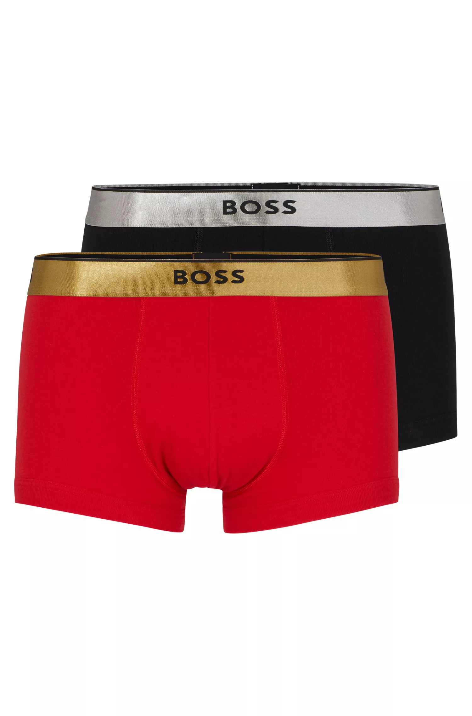 Cuecas boxer BOSS pretas, pacote com duas unidades, feitas de algodão e com cós metálico com a marca.