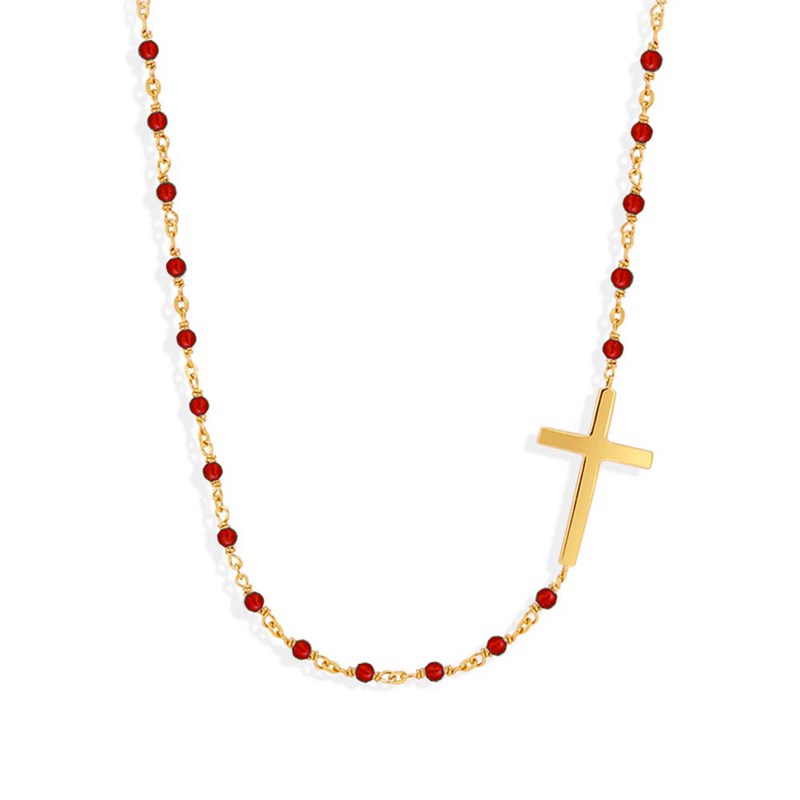 Collier Argent Doré Croix Et Pierre Onyx Rouge