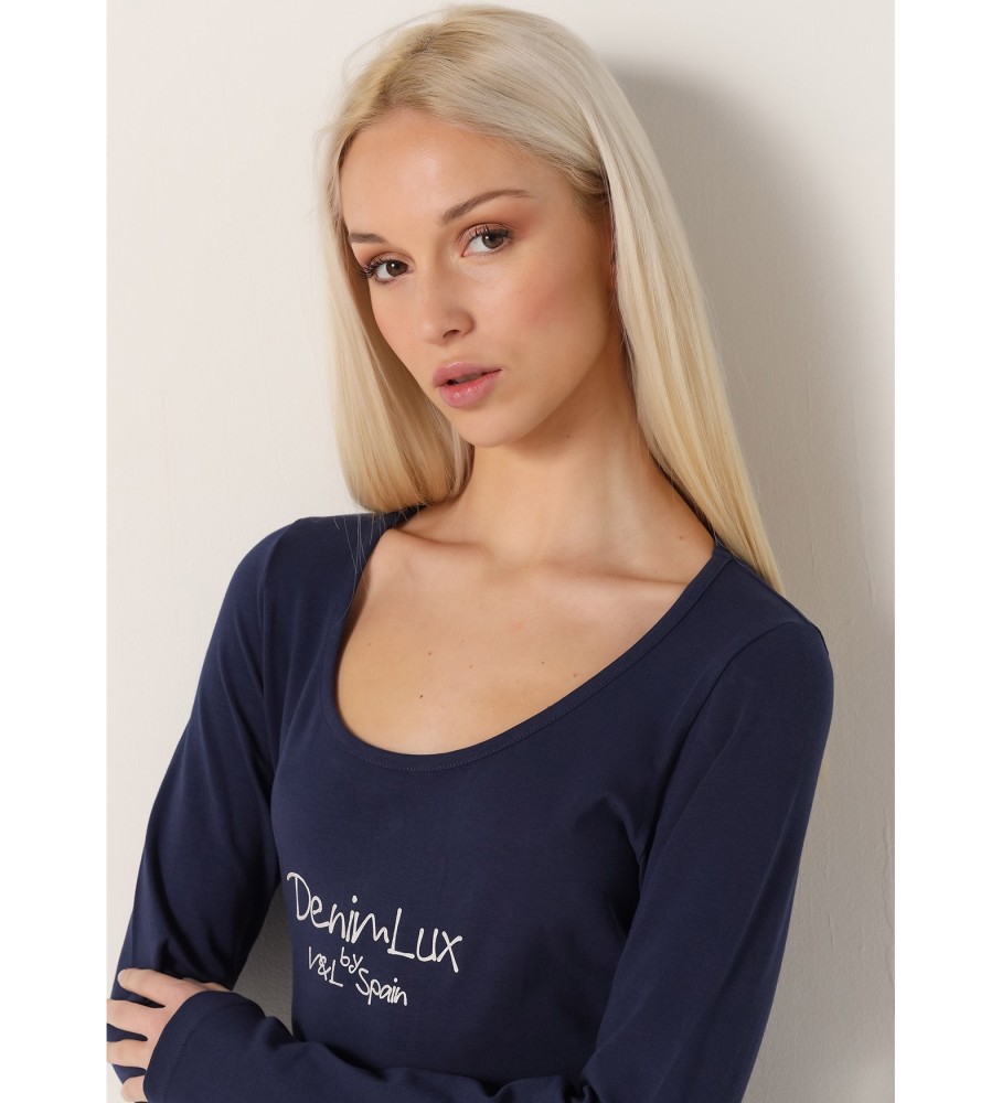 Victorio & Lucchino, Camiseta Longa Azul Marinho V&L com Decote Baixo
