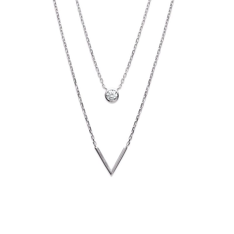 Collier 2 rangs forme V et oxyde de zirconium rond Argent 925 Rhodié