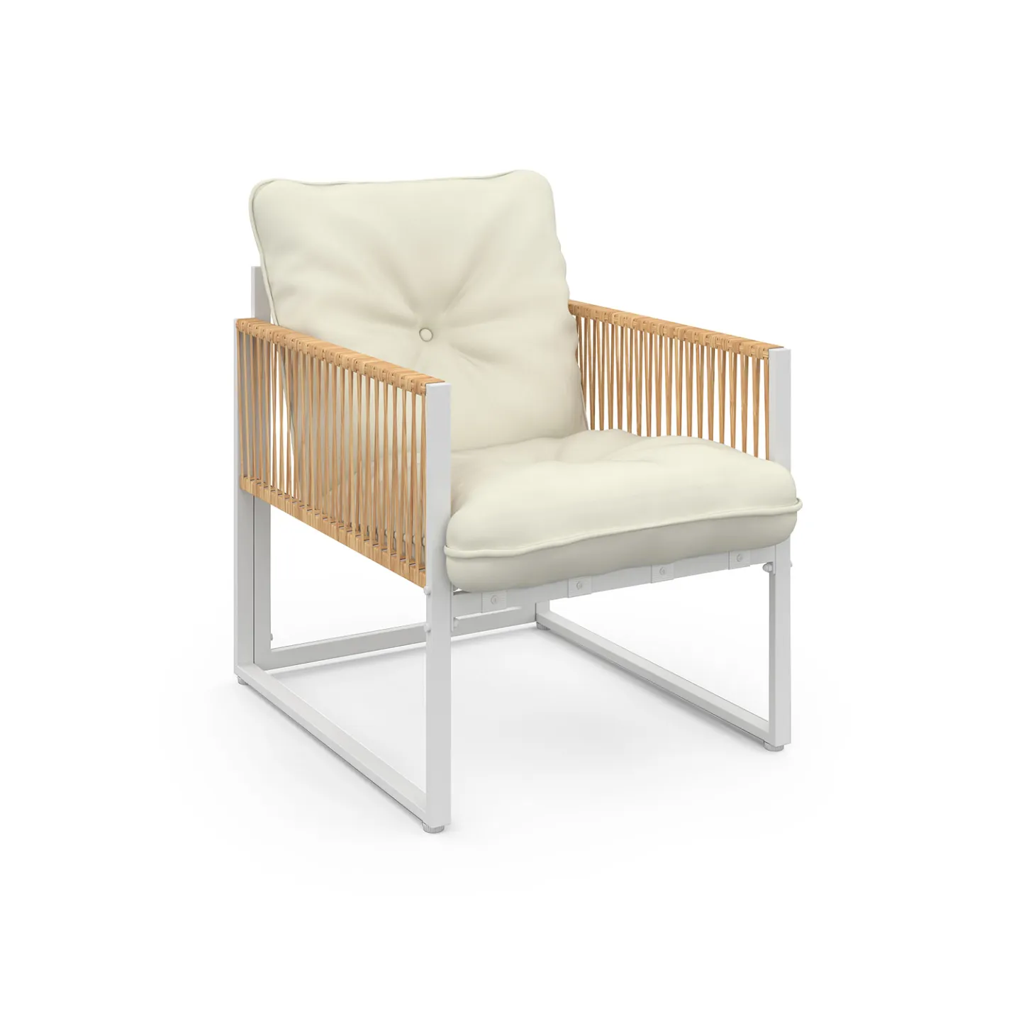 Salon de jardin bas RIO 4 places structure métal blanc, cordage effet rotin clair et coussins beige