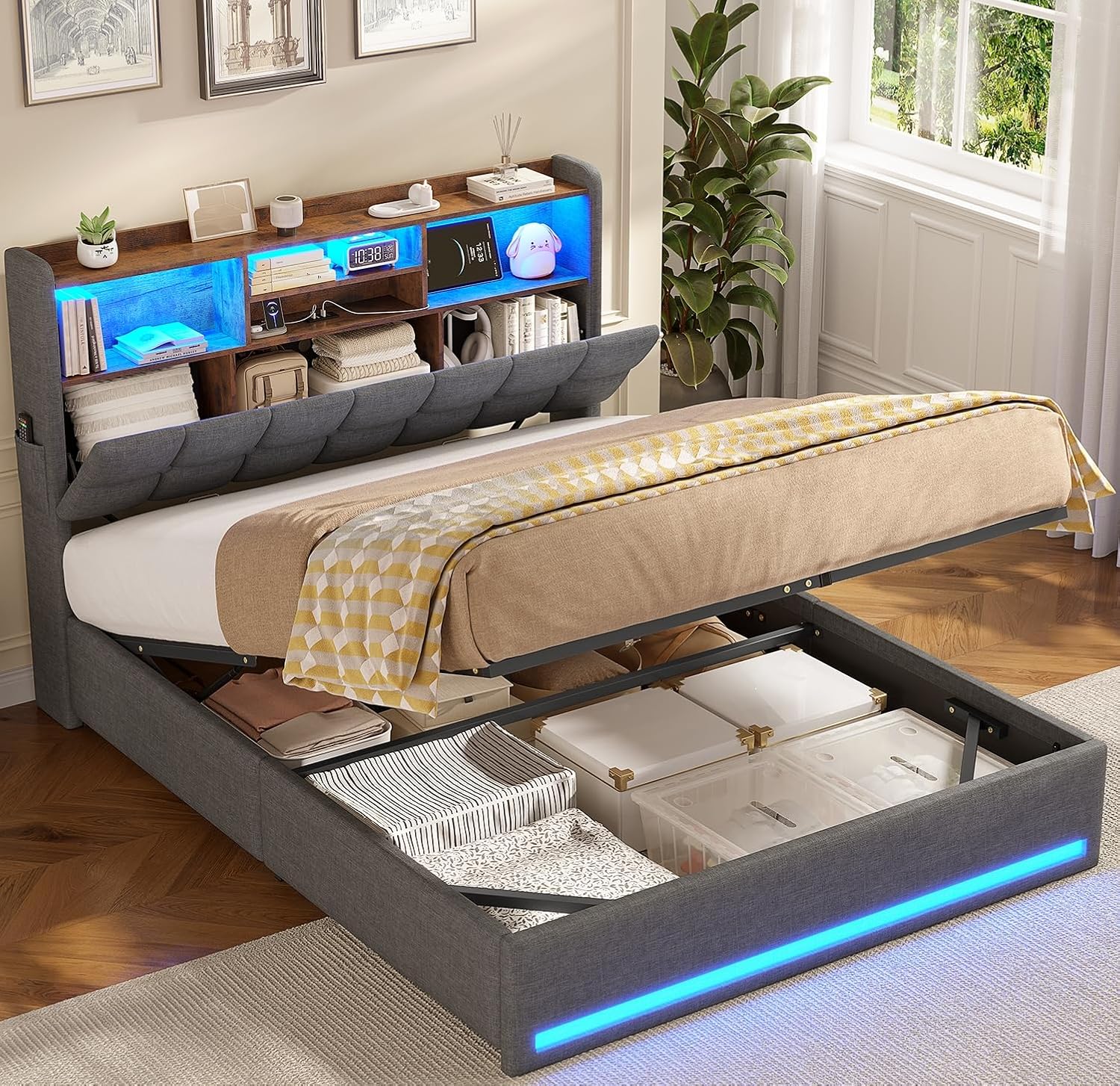 Polsterbett 140×200cm Hydraulisches Stauraumbett mit LED-Bleuchtung Jugendbett mit USB- und Type-C-Anschlüsse Doppelbett Bettgestell mit Holzlatten, Leinenstoff, ohne Matratze (Dunkelgrau, 140x200cm)