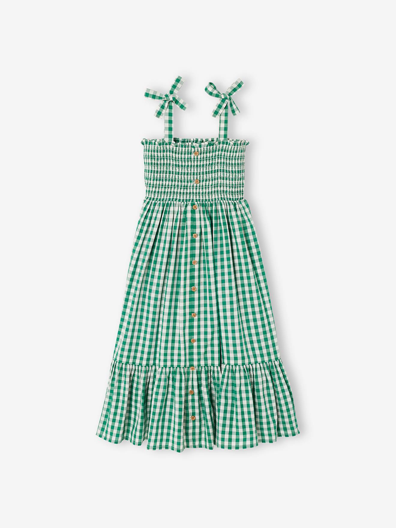 Vestido longo com detalhes franzidos, para menina, xadrez verde médio.