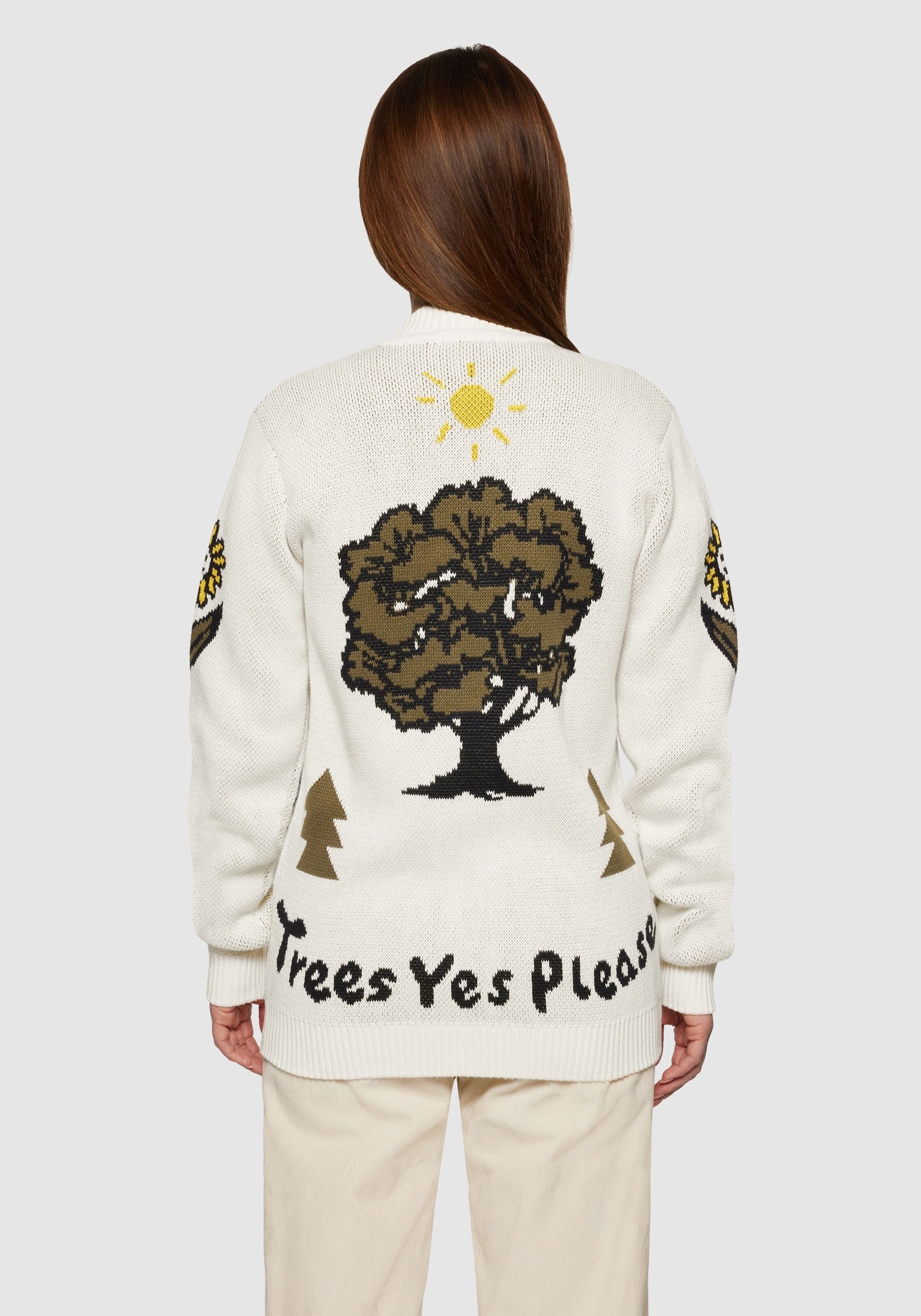 Knowledge Cotton Apparel Cardigan Jacquard Trees Yes Please Egret
