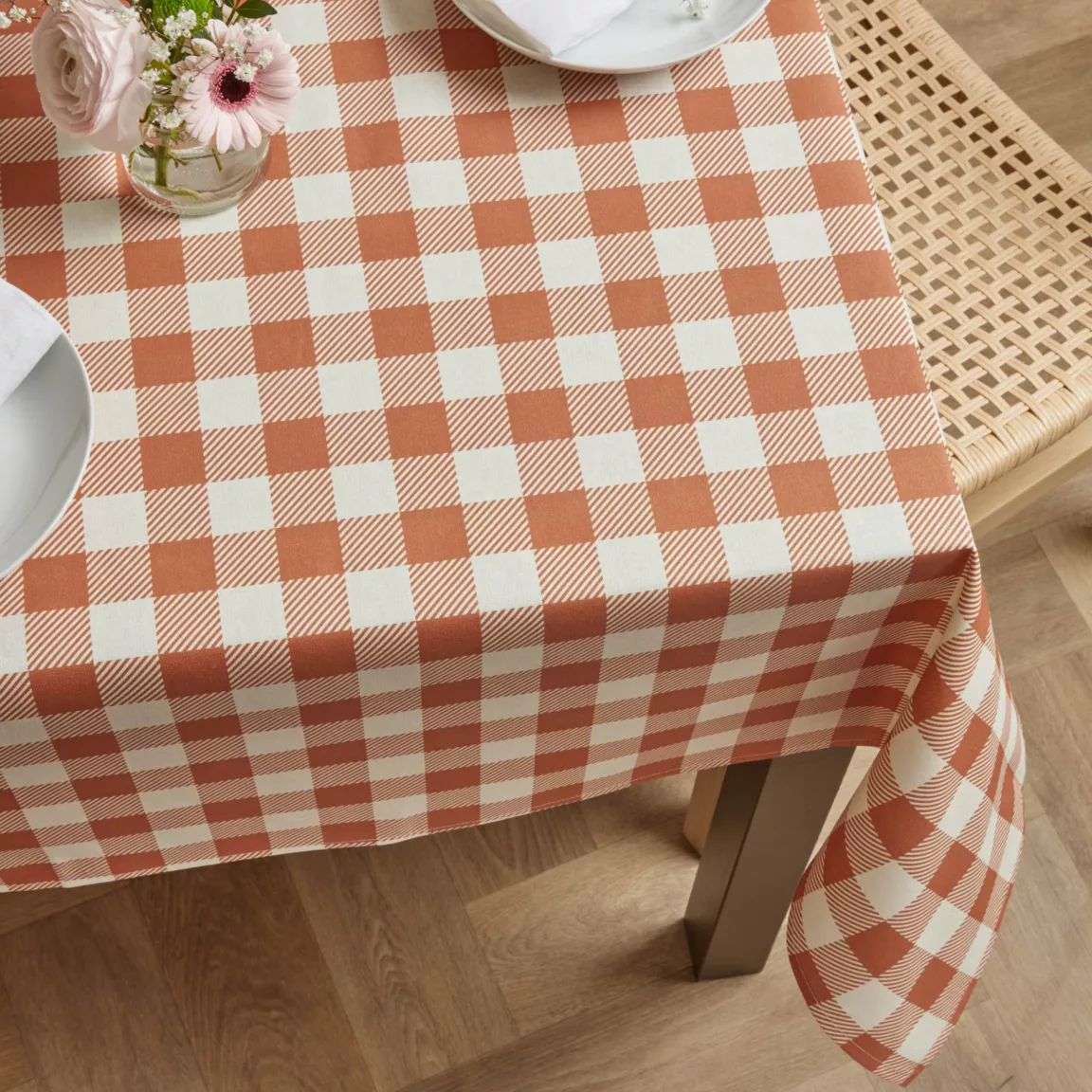 Nappe rectangulaire coton enduit (150 x 350 cm) Vichy Terracotta