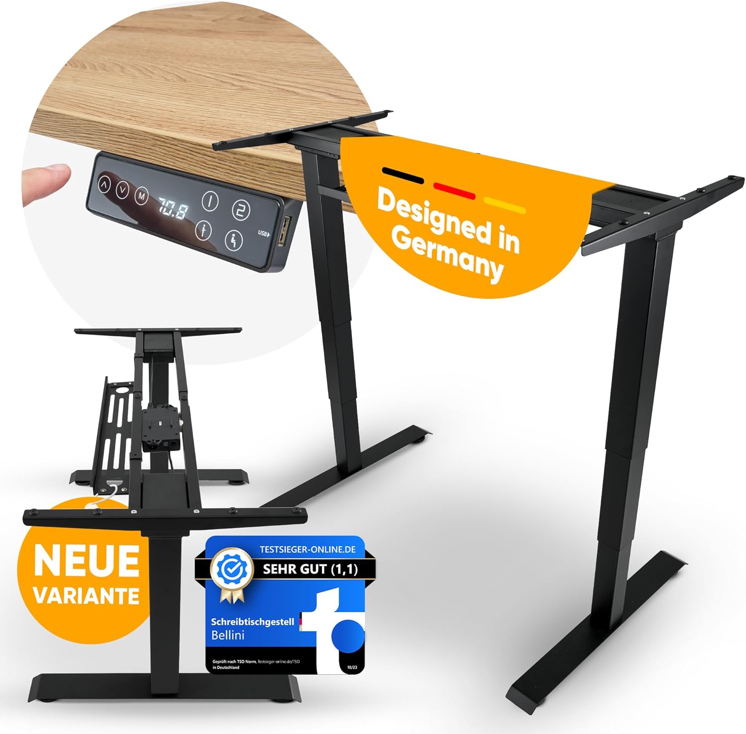 Bellini Höhenverstellbarer Schreibtisch Gestell-Tischgestell - Tischbeine elektrisch für alle Tischplatten | Schreibtischgestell sehr stabil mit Kollisions-Sensor-Memory - 60 bis125 cm - TÜV
