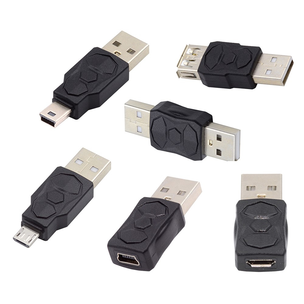 (6er Set) USB A 2.0 auf USB A (m/w.) / Micro USB (m/w.) / Mini USB (m/w.) / Adapter Konverter - Schwarz