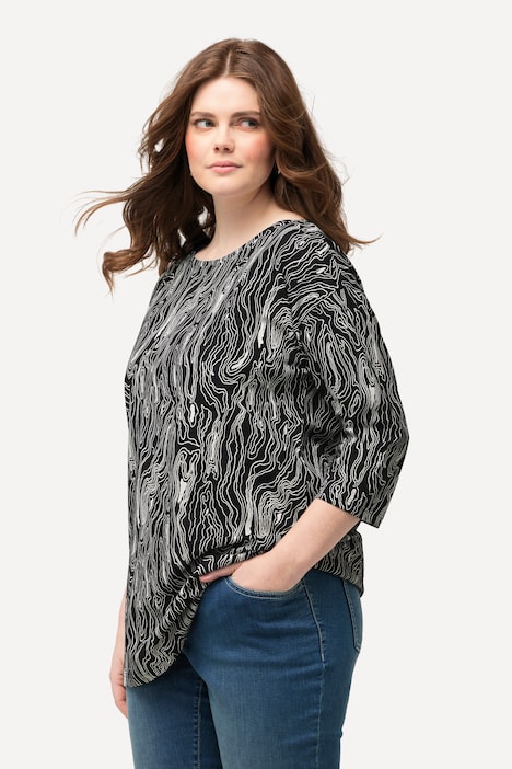 T-Shirt, Linien, Oversized, U-Boot-Ausschnitt, 3/4-Arm