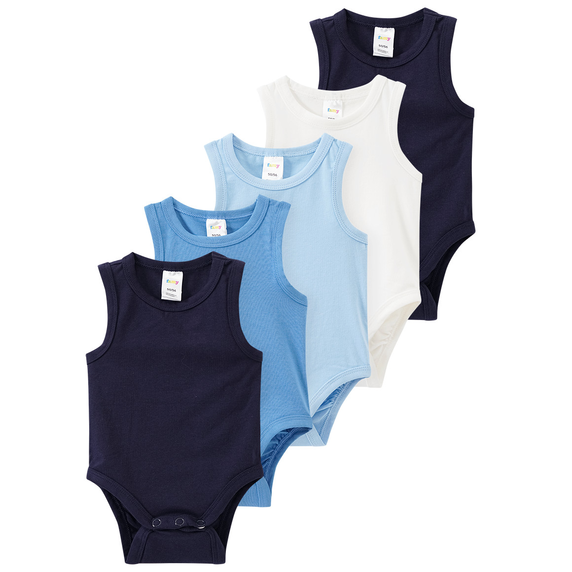 Famy 5 Baby Bodys in verschiedenen Farben dunkelblau / hellblau
