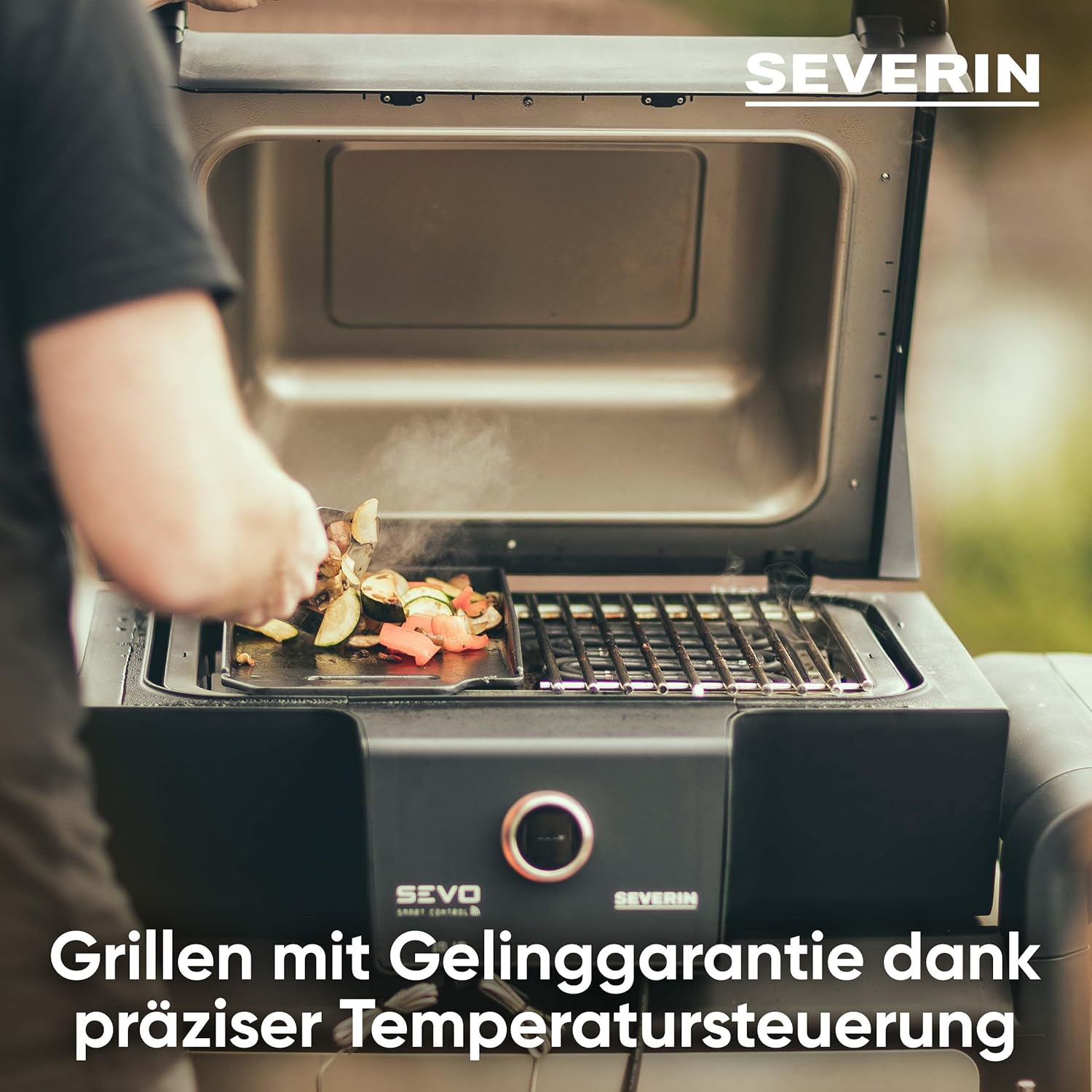 SEVERIN SEVO SMART CONTROL GT Elektrogrill mit App-Steuerung und Deckel, elektrischer Tischgrill, in 10 min bis 500°C, OLED-Display, für innen und außen, 3.000 W, Edelstahl/Schwarz, PG 8138