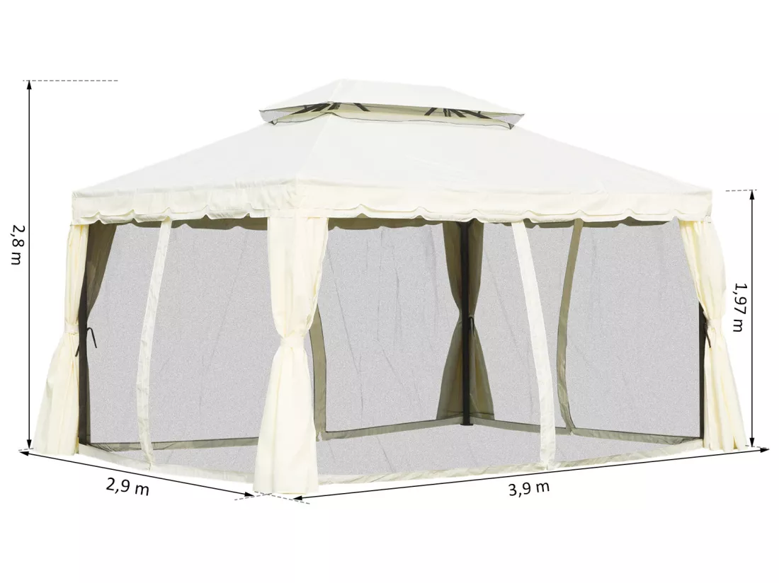 Tonnelle barnum pavillon de jardin style colonial double toit toile moustiquaires et toiles amovibles 3,9L x 2,9l x 2,7H m écru