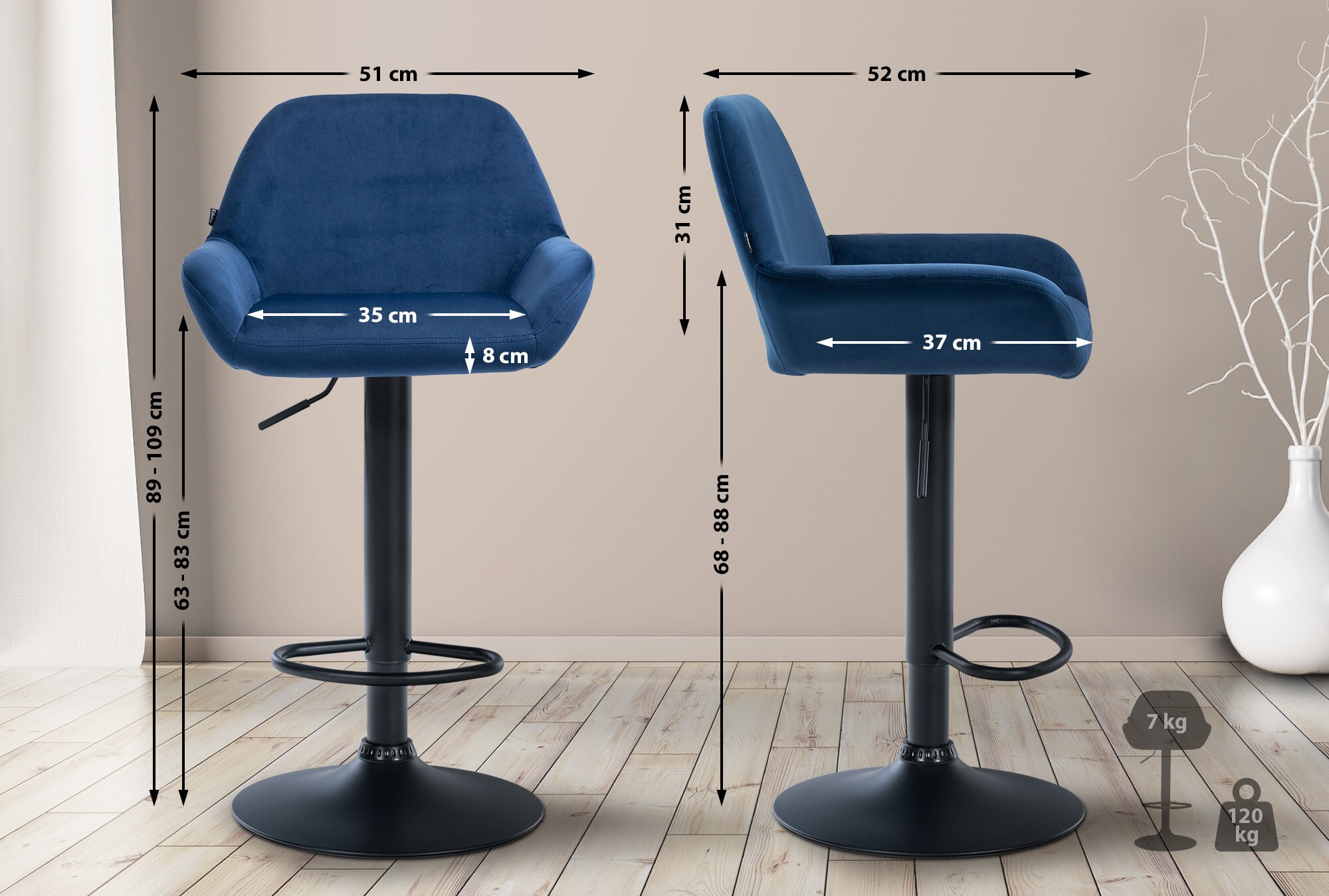 CLP 2er Set Barhocker Braga Samtbezug mit Metallgestell I Höhenverstellbar und drehbar I Moderner Barstuhl mit Fußstütze für Küche und Bar
