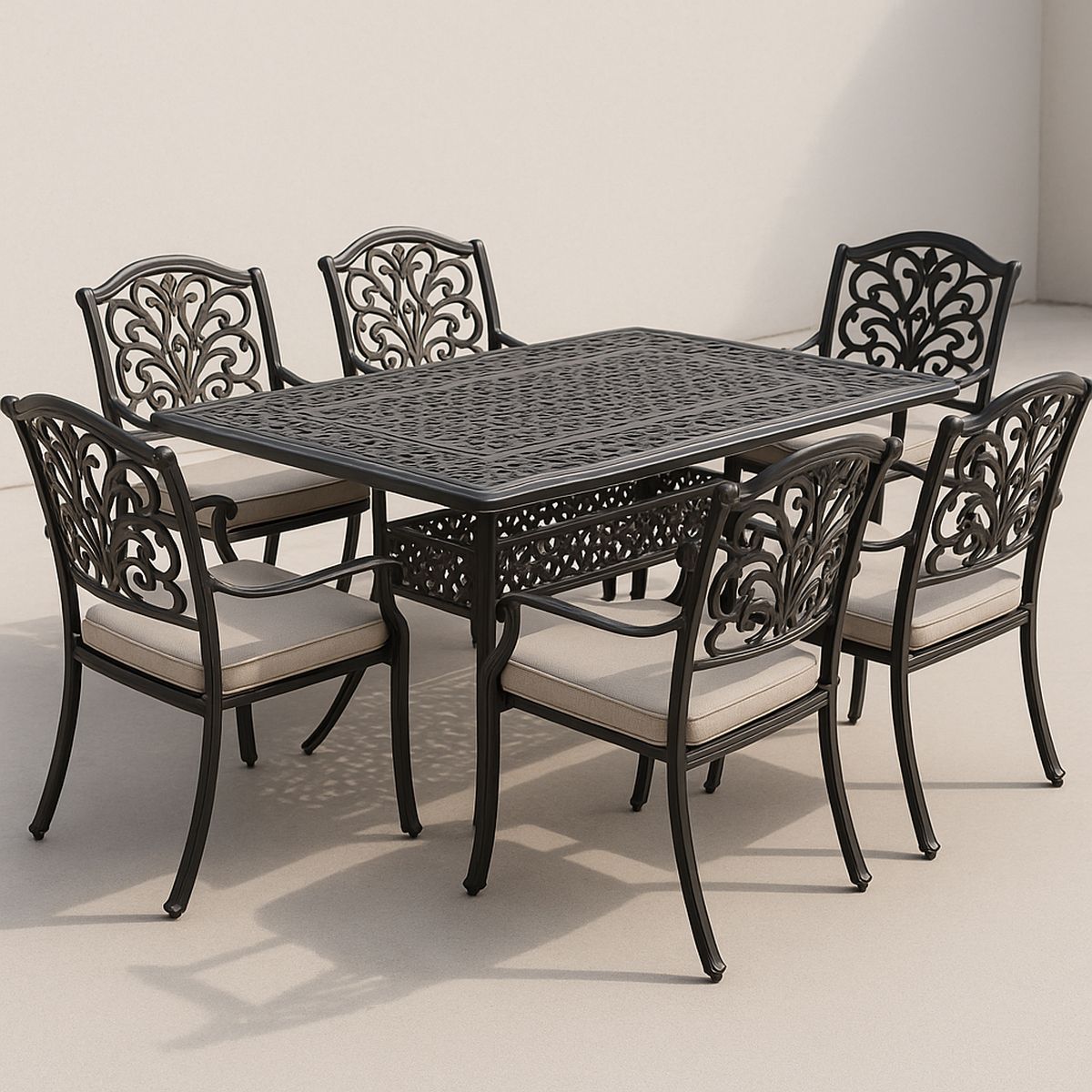 7-teiliges Gartenmöbel-Set aus Metall mit Kissen, rechteckiger Tisch 150x90x75 cm