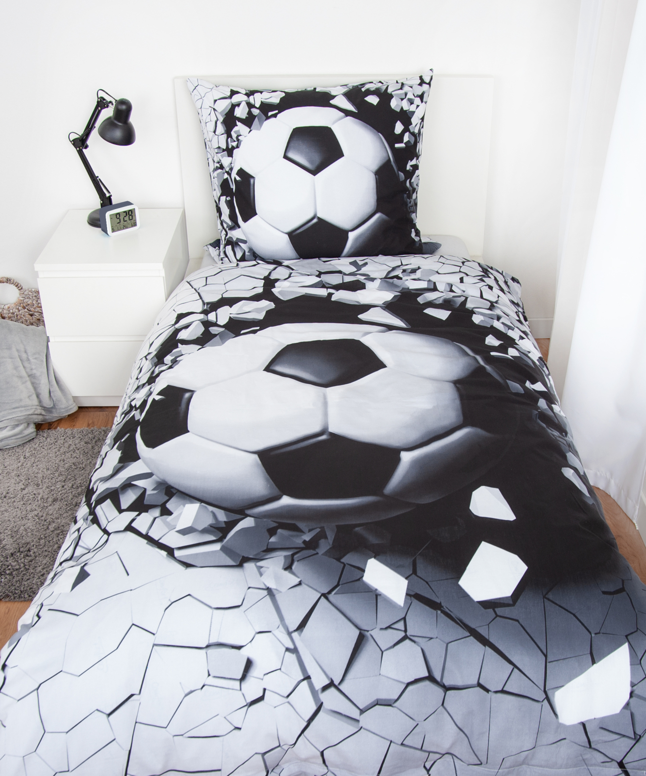 Renforcé-Bettwäsche 3D-FUßBALL - schwarz-weiß - 135x200 cm