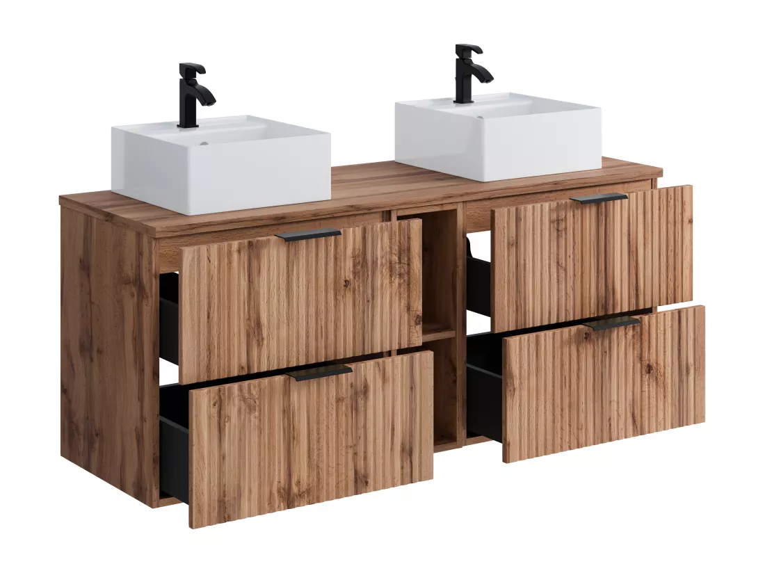 Meuble de salle de bain suspendu strié avec niches et double vasque à poser ronde - Naturel clair - L140 cm - ZEVARA