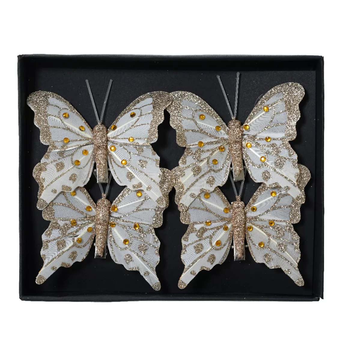 Lot de 4 Papillons sur pince (H8 cm) Éclats et perles Dorés