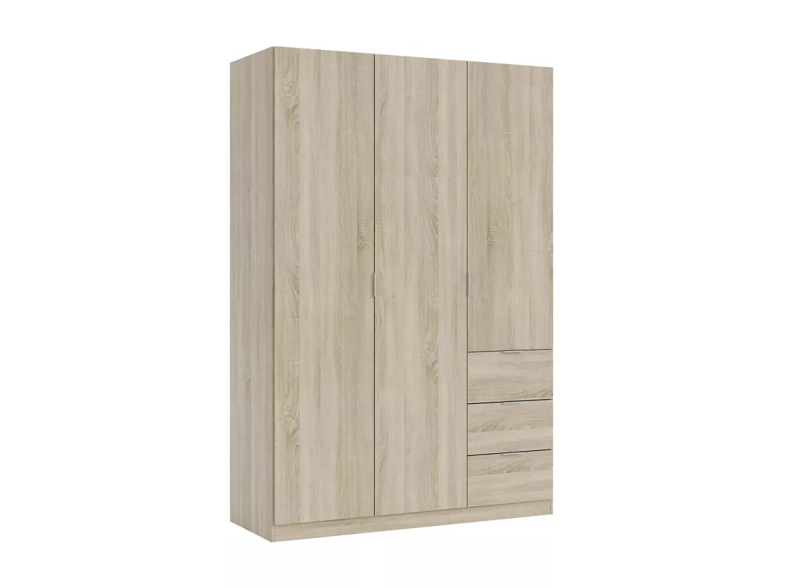 Armoire Ddermak, Armoire de chambre avec 3 portes et 3 tiroirs, Armoire avec 3 étagères et tringle à vêtements, 135x52h200 cm, Chêne