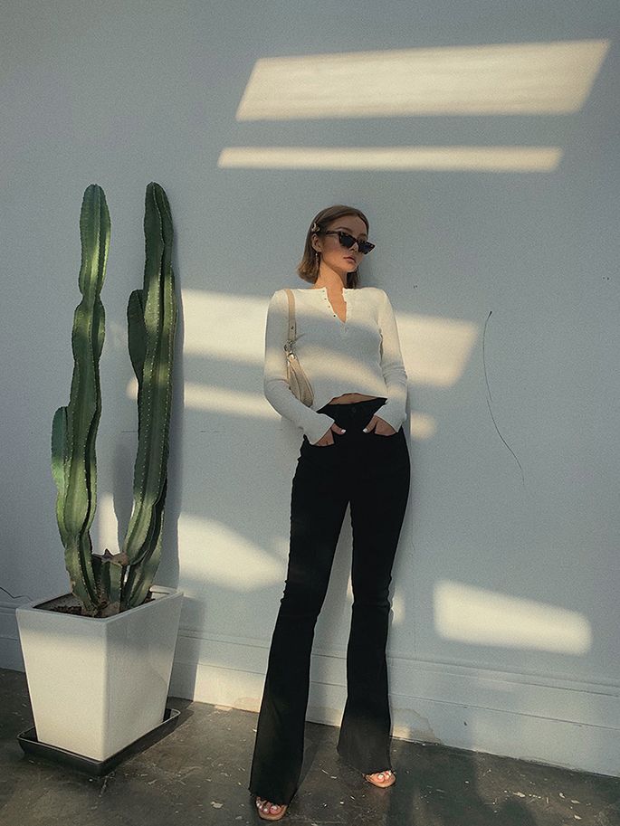 Colada - Henley-hals crop top met gebreide zoom