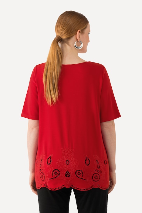 T-Shirt, Stickerei, Wellensaum, Rundhals, Halbarm