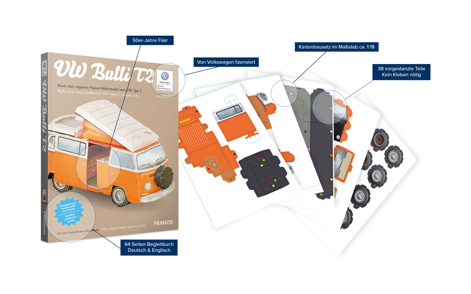 Franzis VW Bulli T2 Papier-Wohnmobil im Maßstab 1:18 inkl. Begleitbuch