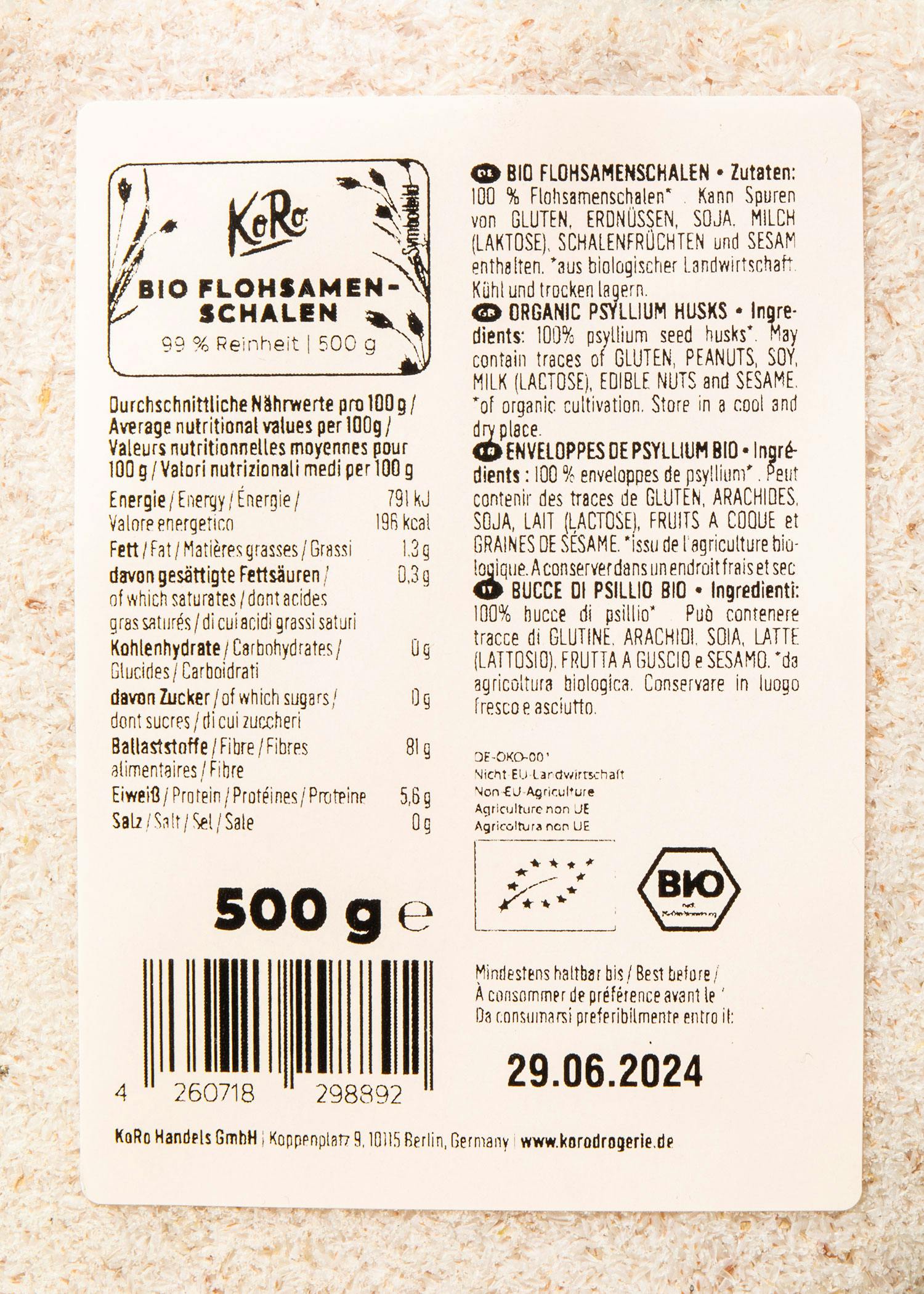 Bio Flohsamenschalen 99 % Reinheit 500 g