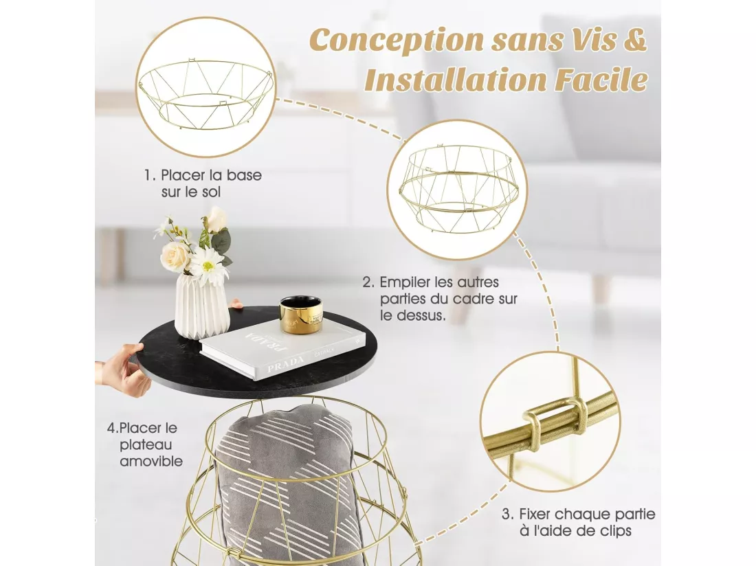 Table d’appoint, bout de canapé marbre noir avec cadre en métal doré, table ronde ø40x38