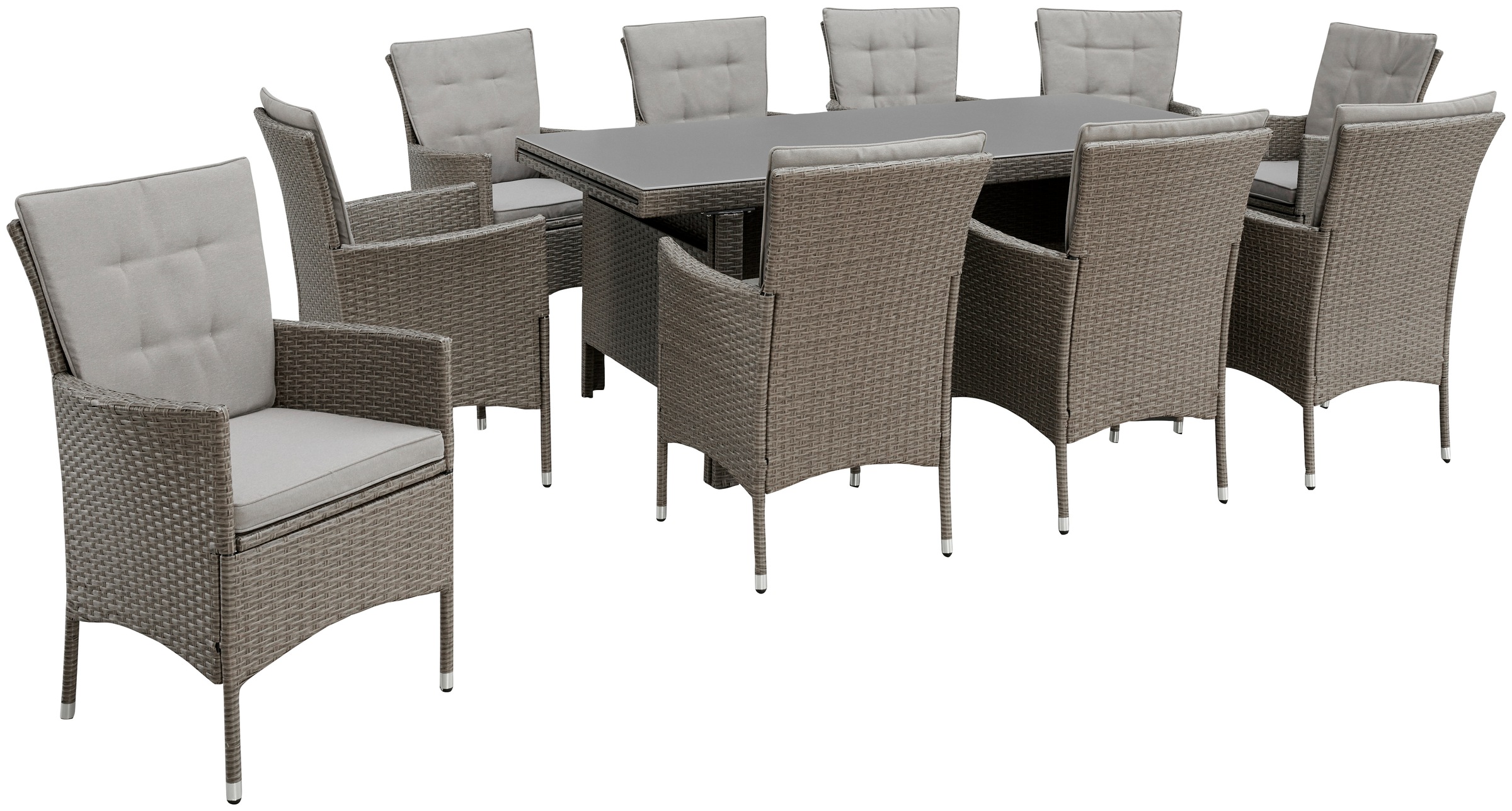 KONIFERA Garten-Essgruppe »Mailand« Set, 10x Sessel, 1x AZ-Tisch 179-302 cm, inkl. Auflagen, 31 Stk. tlg. Polyrattan, Stahl, Braun
