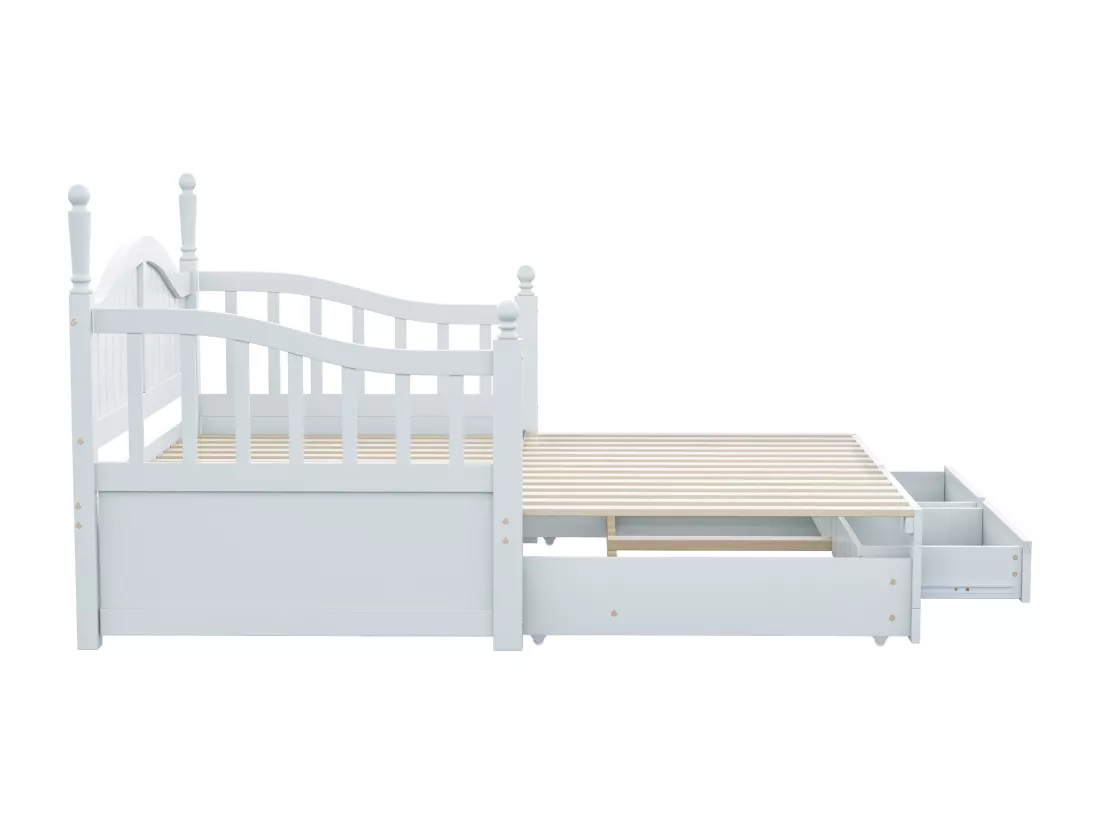 Canapé-lit pliant en bois massif 90/180x200 cm avec tiroirs et colonnes romaines - Blanc