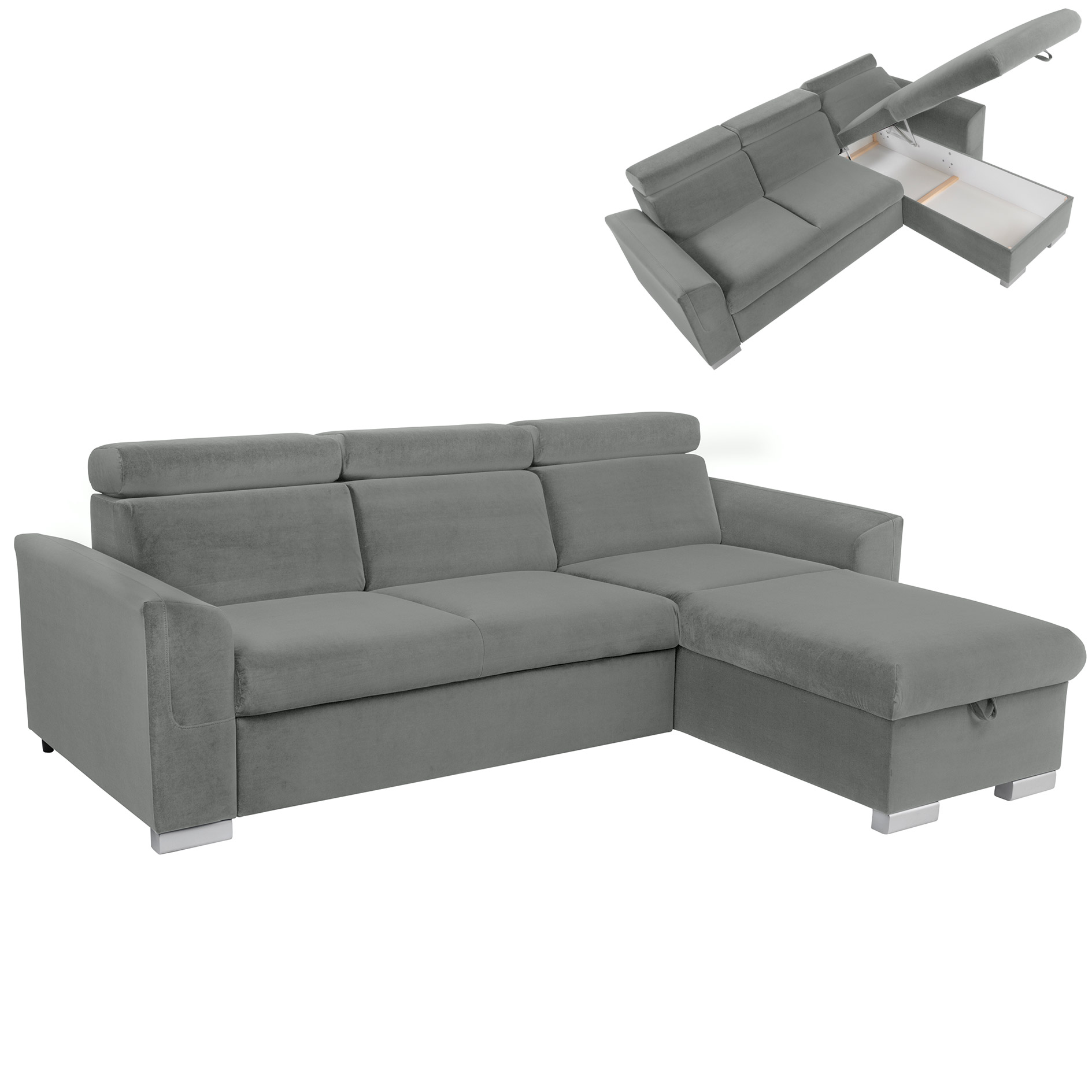 Ecksofa - grey - mit Kissen - Liegefunktion und Staukasten