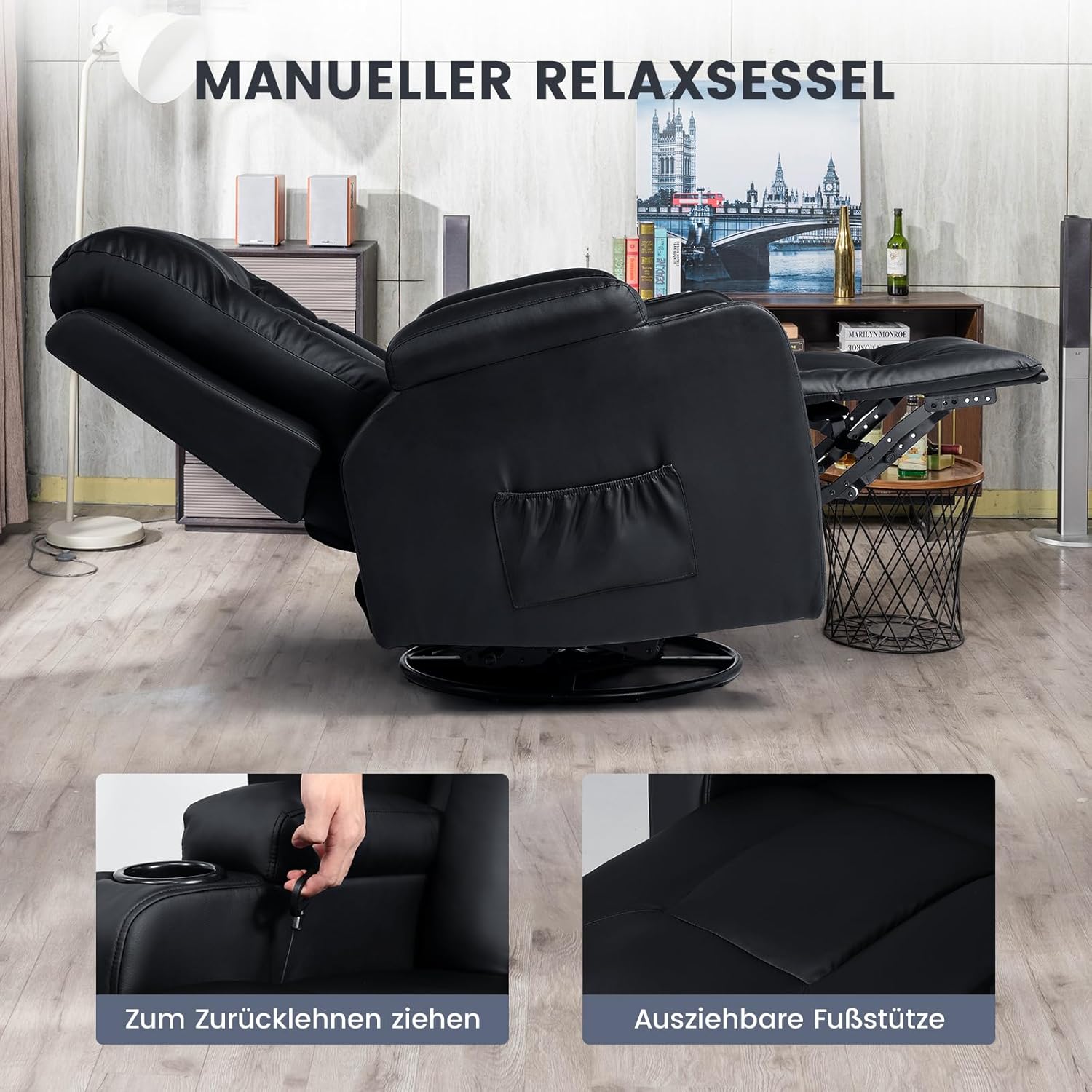COMHOMA Relaxsessel Fernsehsessel mit verstellbarer Rückenlehne und Fußstütze,360°drehbarer Loungesessel aus PU-Leder mit Getränkehaltern und Seitentaschen,ergonomische Ganzkörperunterstützung,Schwarz