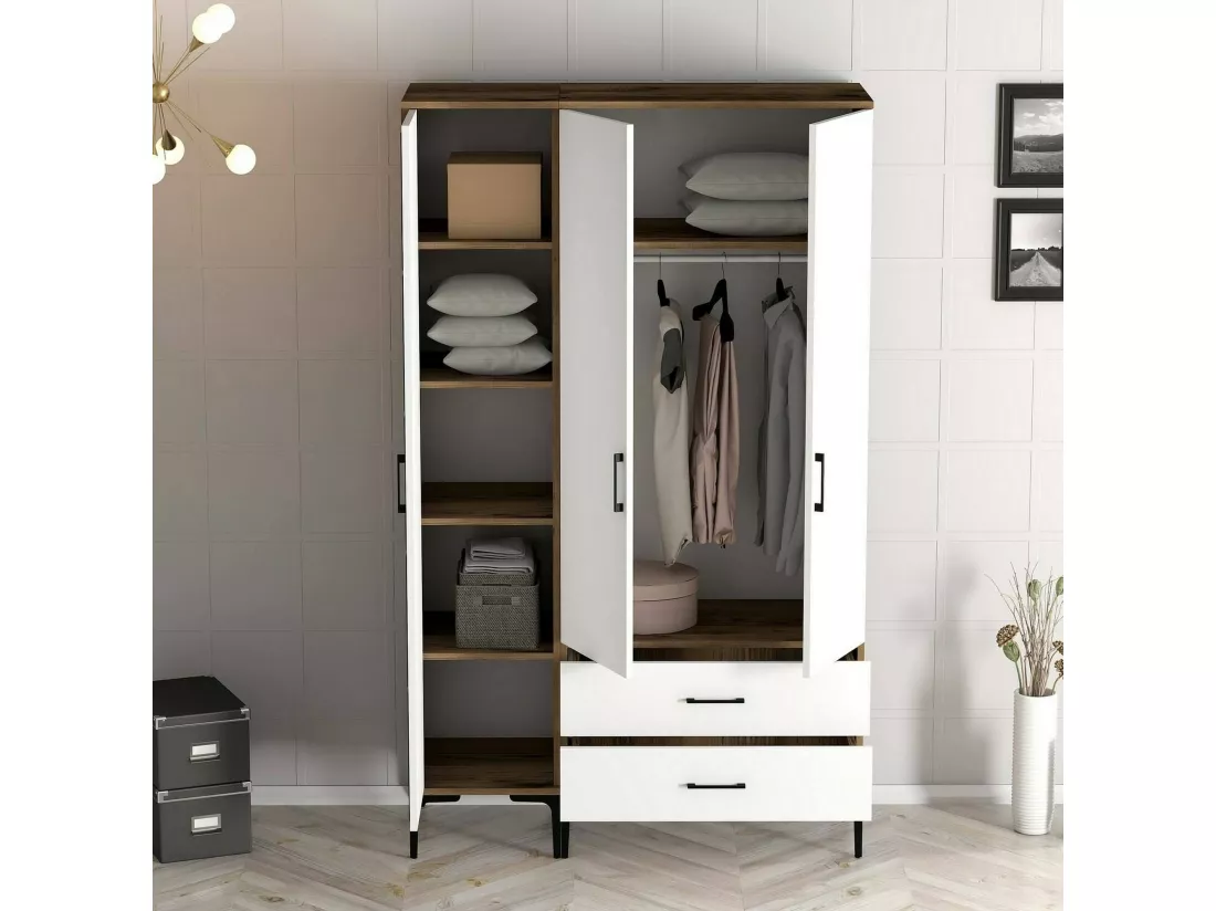 Garde-robe 3 portes Dangiull, Meubles de chambre, Penderie de plain-pied, Placard à vêtements, 120x201h48 cm, Noyer et Blanc