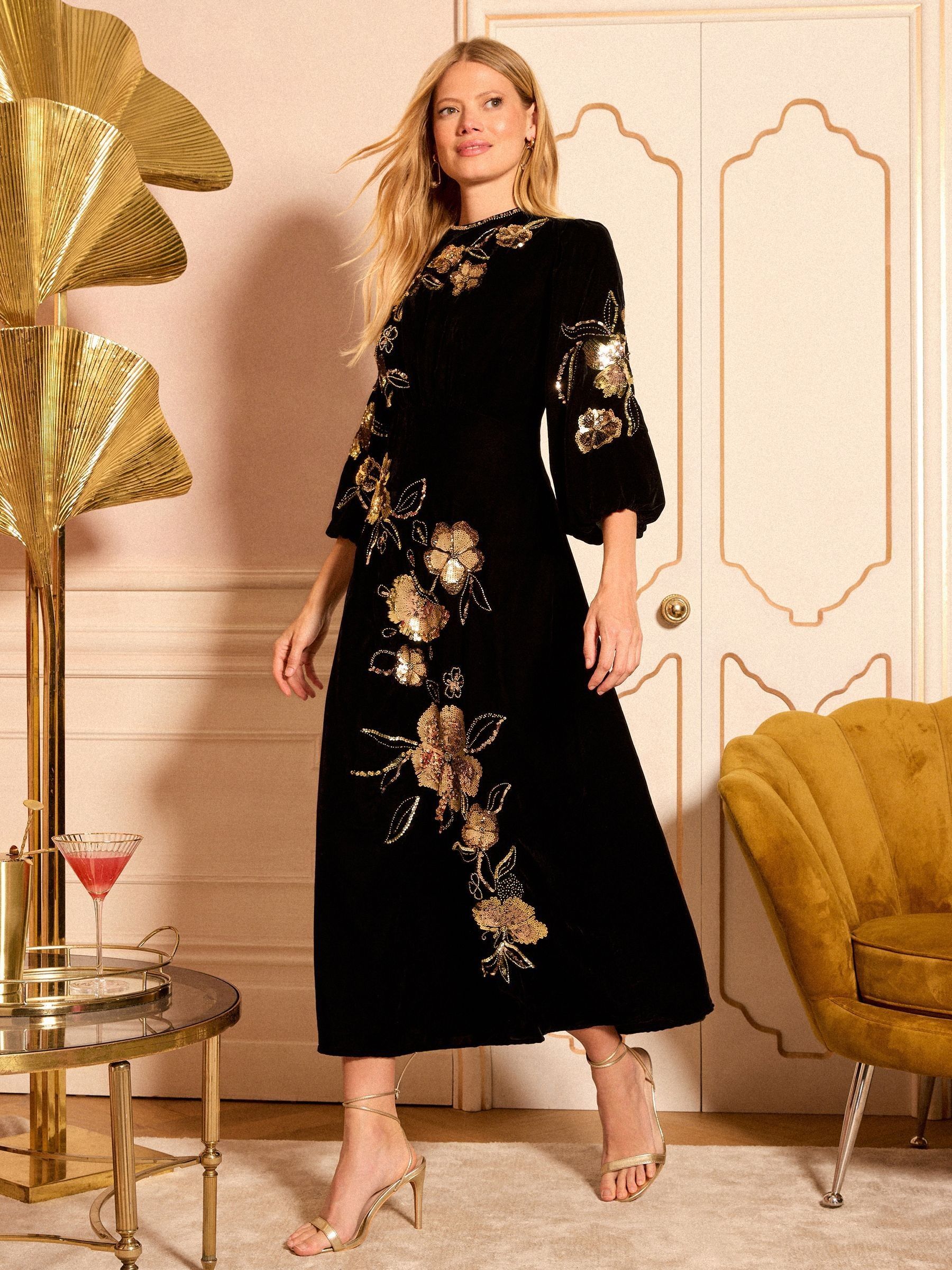 Love & Roses Velvet Gold Embellished Midi Dress