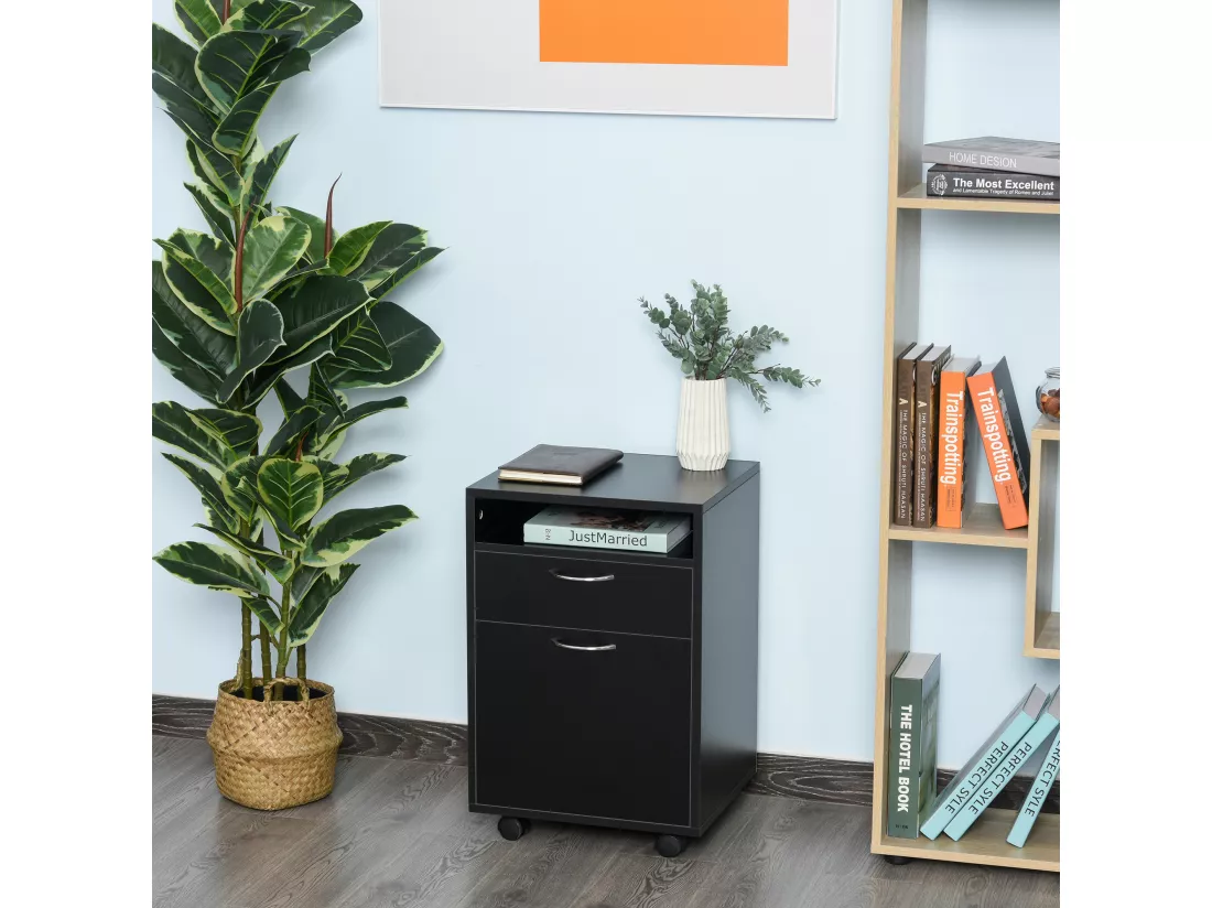 HOMCOM Caisson de bureau rangement bureau sur roulettes tiroir placard niche panneaux particules noir