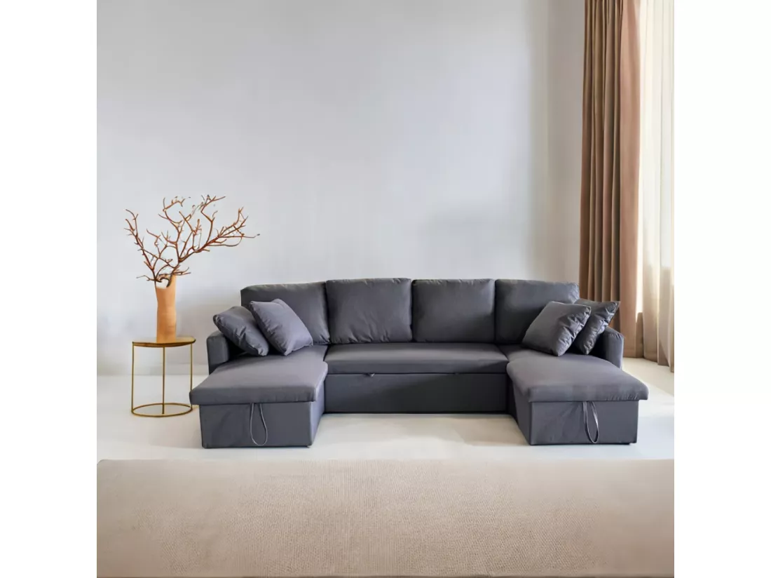 Canapé panoramique convertible avec coffre 4 places en tissu MAHÉ - gris foncé