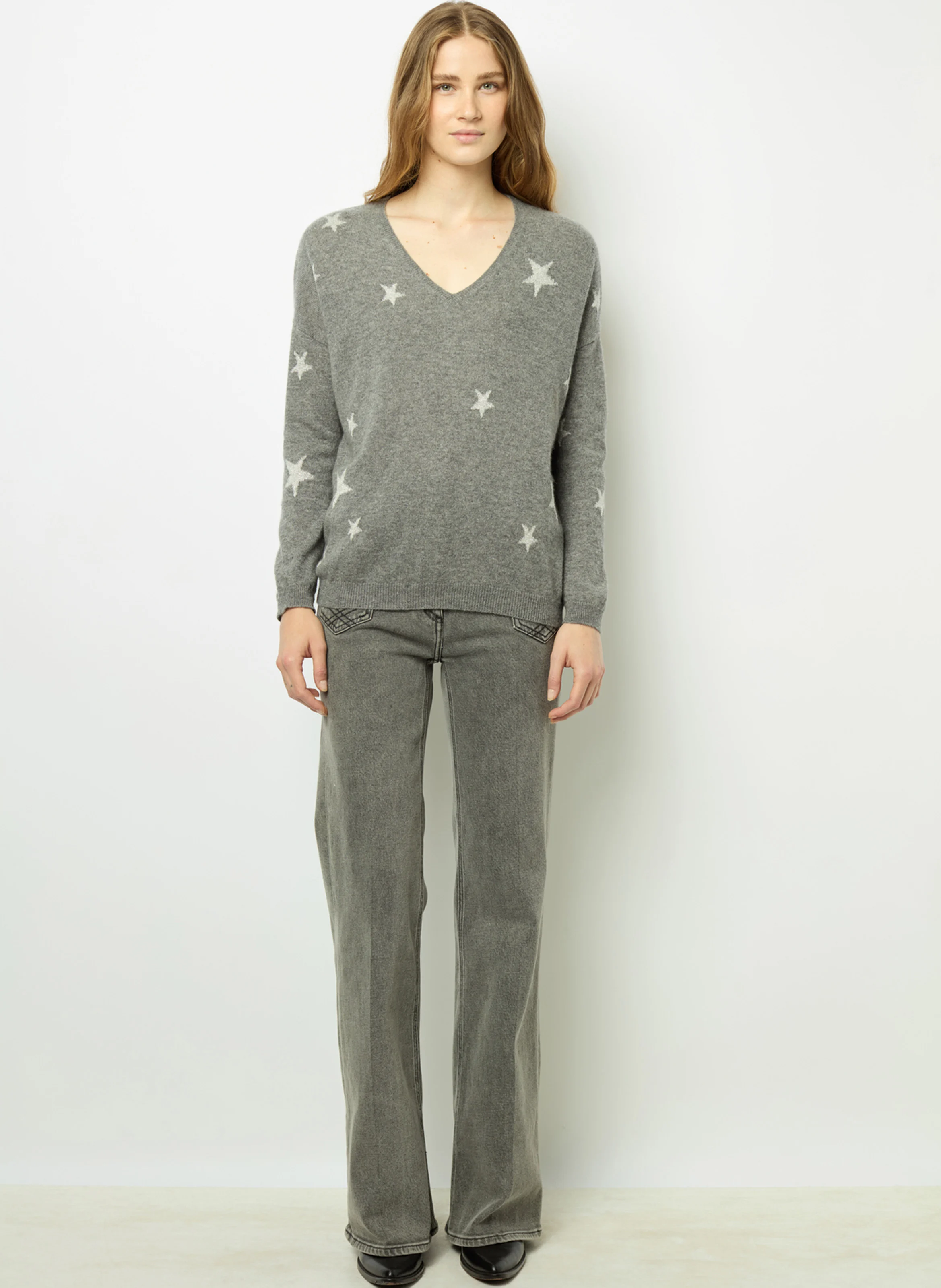JODELLE - Pull col V en cachemire | Gris
