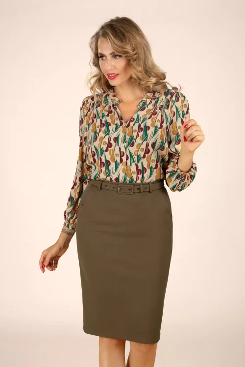 Vixen Belted pencil rok in olijfbruin