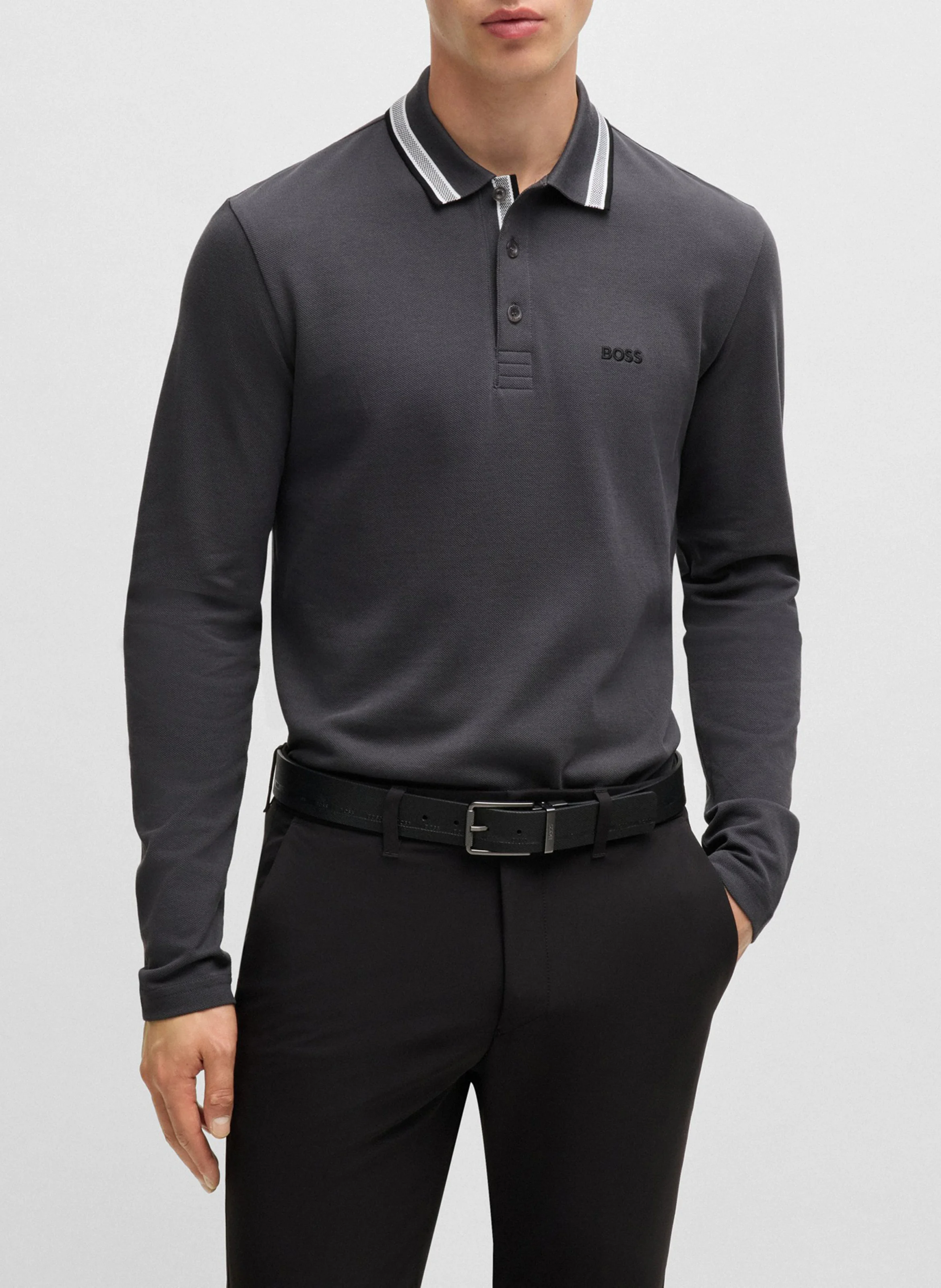 Polo manches longues en coton | Gris