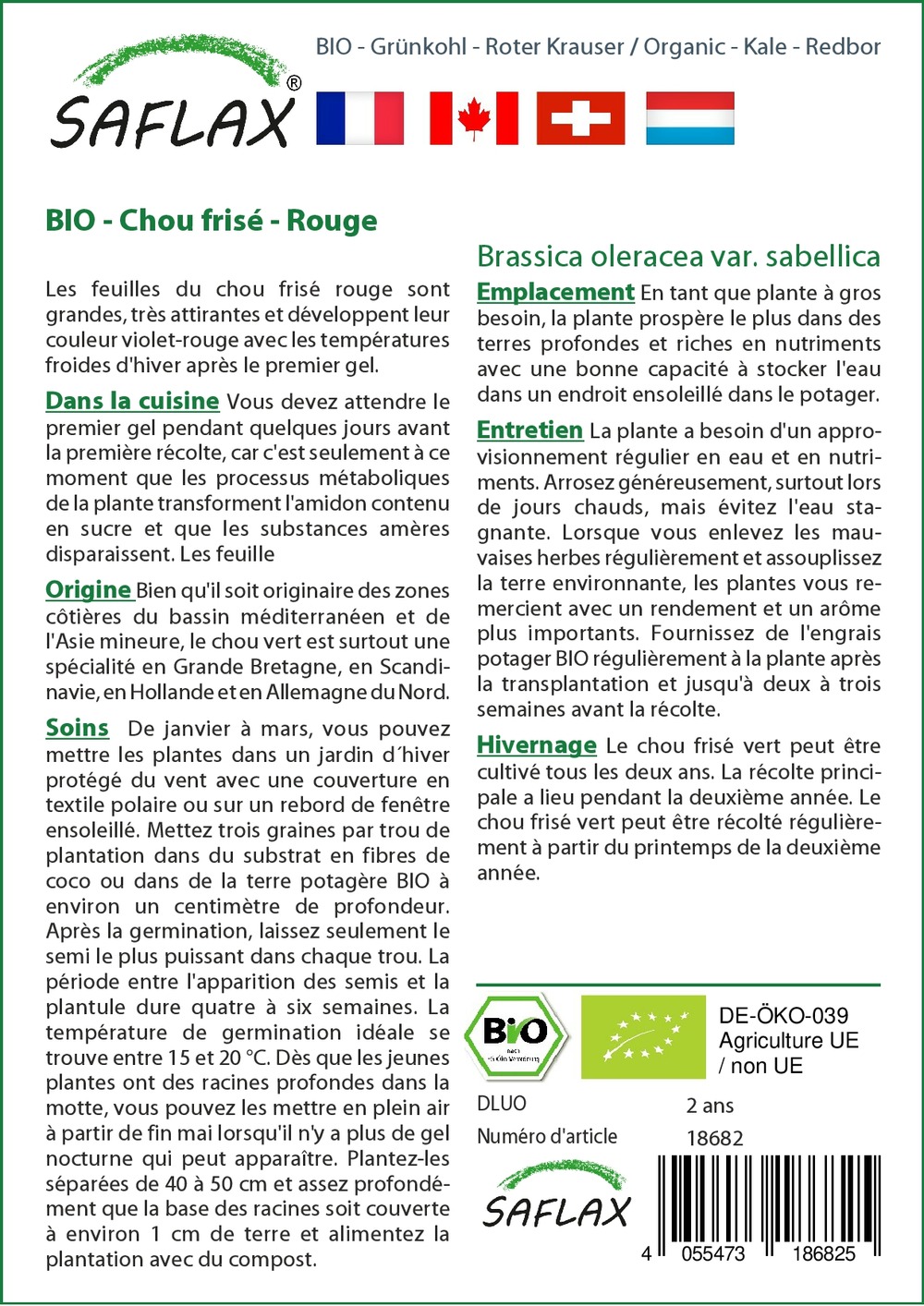 Bio - chou frisé - rouge - 50 graines - avec substrat - brassica oleracea var. Sabellica