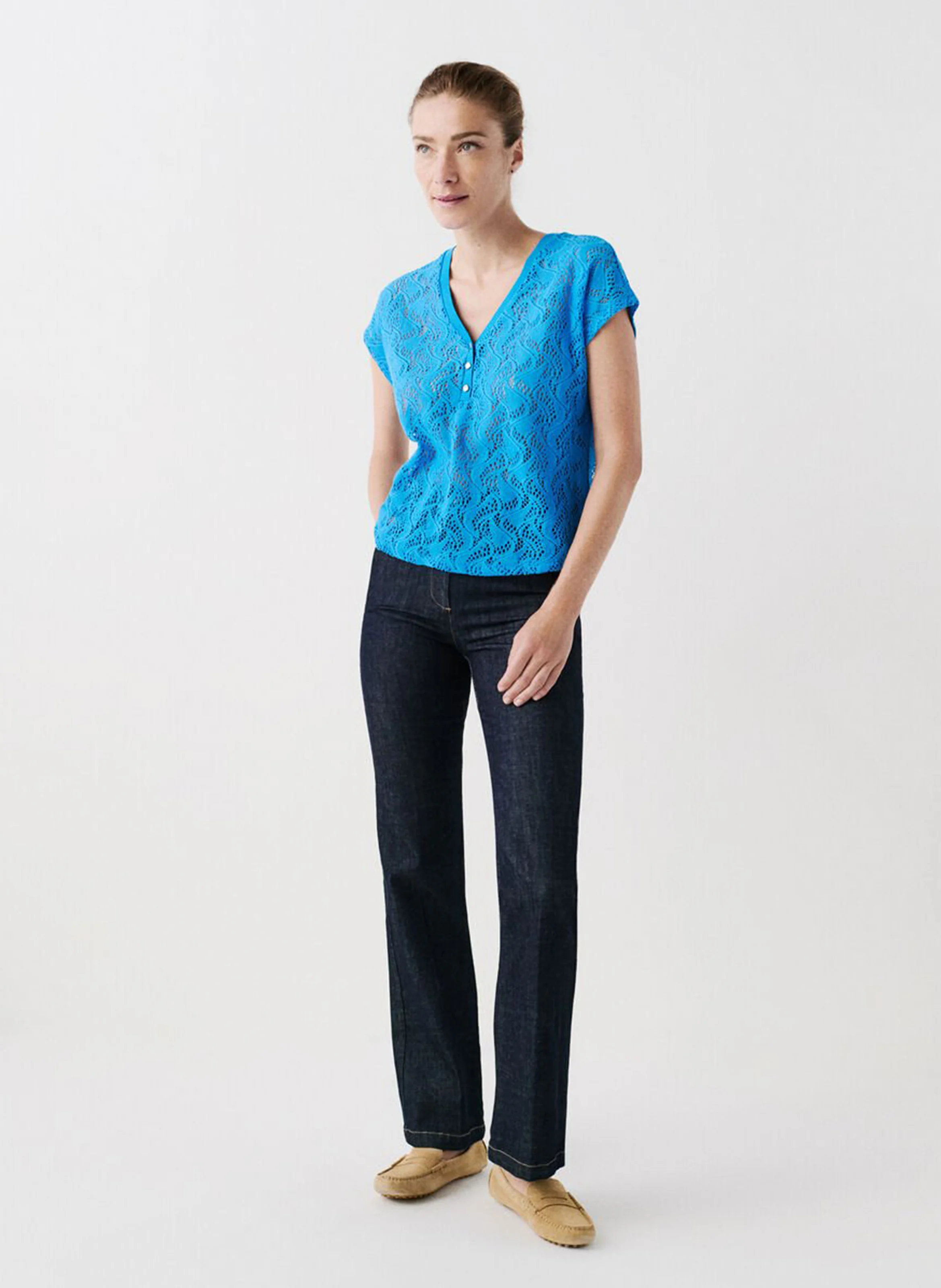 TNOE - Top ample col V en coton mélangé | Bleu