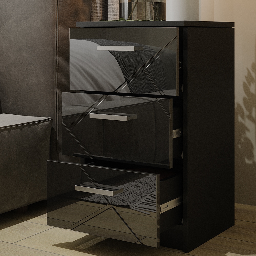 Vicco Nachtkommode Nachttisch Nachtschrank Irma Schwarz Hochglanz 38x66 modern Einzel Schlafzimmer Schrank Beistellschrank Nachtkonsole Nachttischchen Schlafzimmermöbel Schrankschublade Aufbewahrung