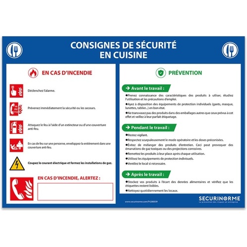 Panneau - Consignes de sécurité en cuisine - A3/A4 - Vinyle/PVC