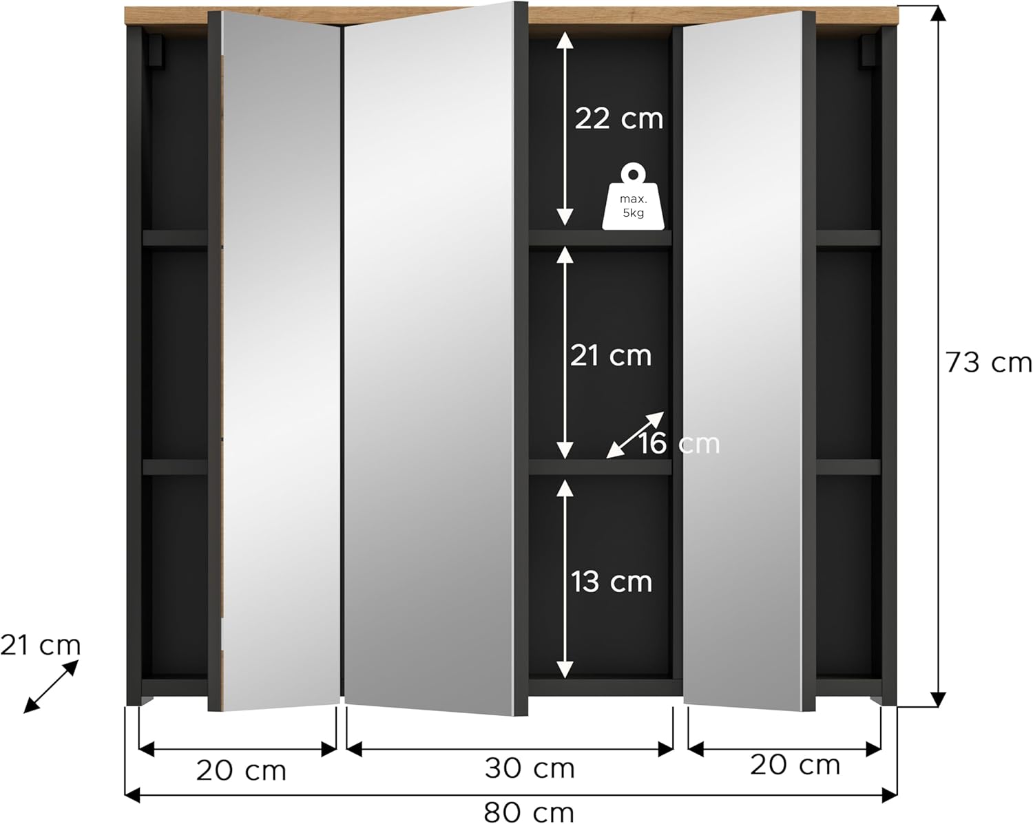 xonox.home Badezimmer Canu Spiegelschrank Badezimmerschrank Spiegel in Basalt grau Nb. /Artisan Eiche Nb., ca. 80x73x21 cm