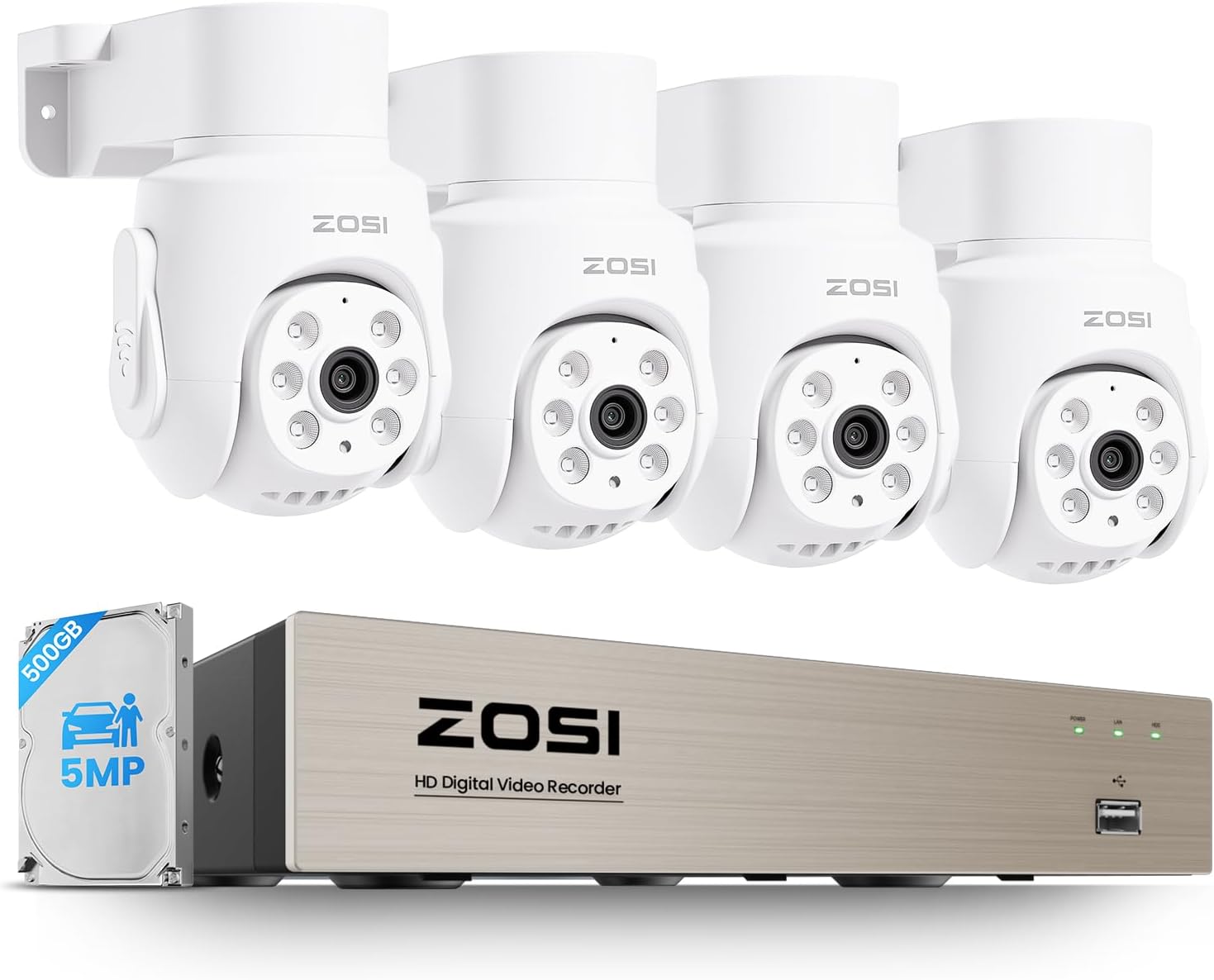 ZOSI 5MP Kabelgebunden Überwachungskamera Set mit Audio, 8CH 500GB DVR und 4X PTZ TVI Aussenkameras, Personen- und Fahrzeugerkennung, Audioaufnahme, IR Nachtsicht