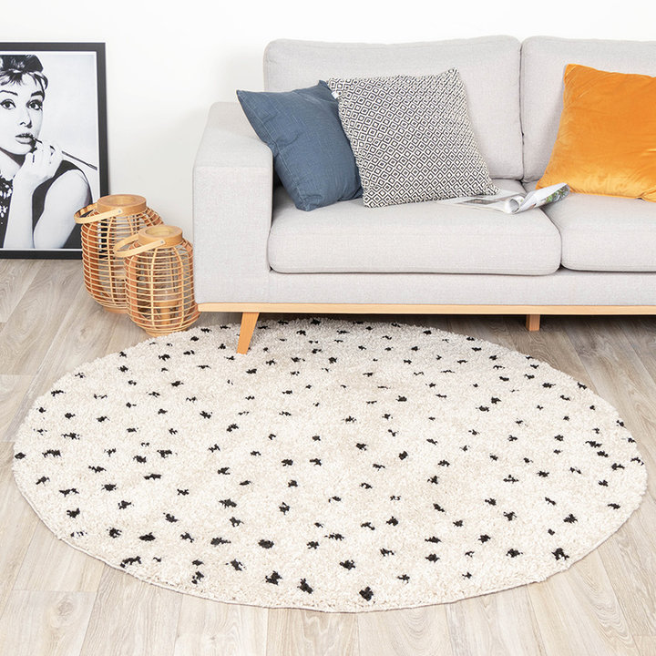 Rond hoogpolig vloerkleed - Grand Dots Creme/Zwart |