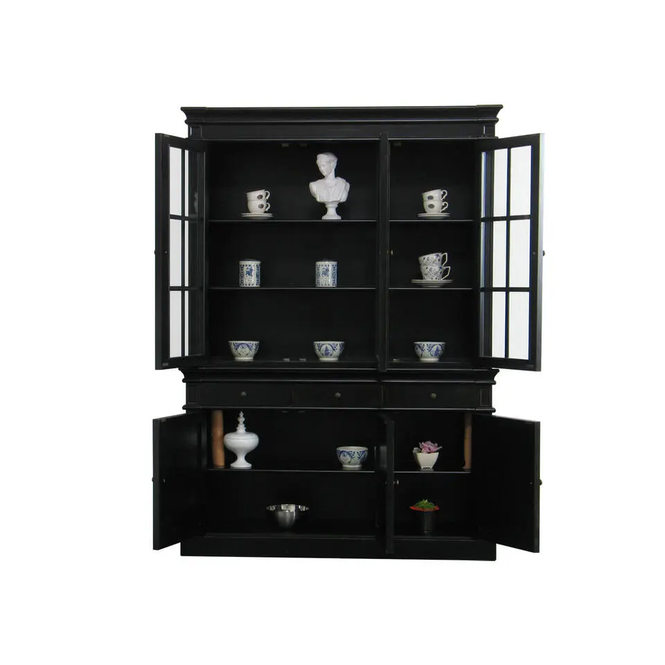Hioshop Winkelkast buffetkast vitrine met opzet antiek zwart massief hout