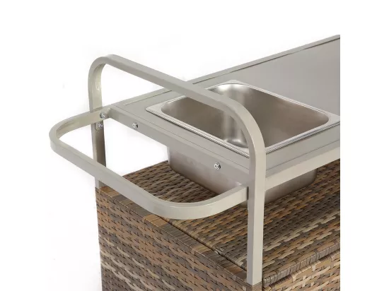 Desserte table de bar d'extérieur chariot de bar en osier avec armoire avec plateau en acier et un seau à glace roues verrouillables beige