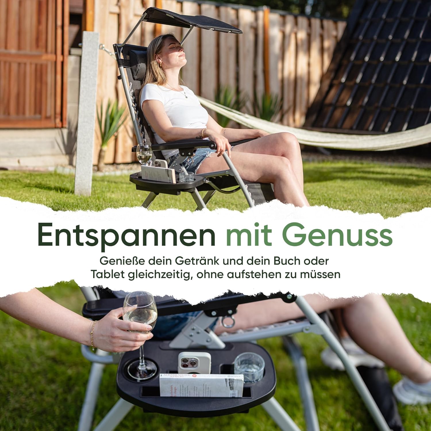 NatureLiving® Sonnenliege Liegestuhl klappbar- Robust, Faltbar & Wetterfest - Gartenliege mit Sonnendach für Garten und Balkon, Klappliege, Balkonliege, Outdoor Liege, Relaxliege, Belastbar 200kg