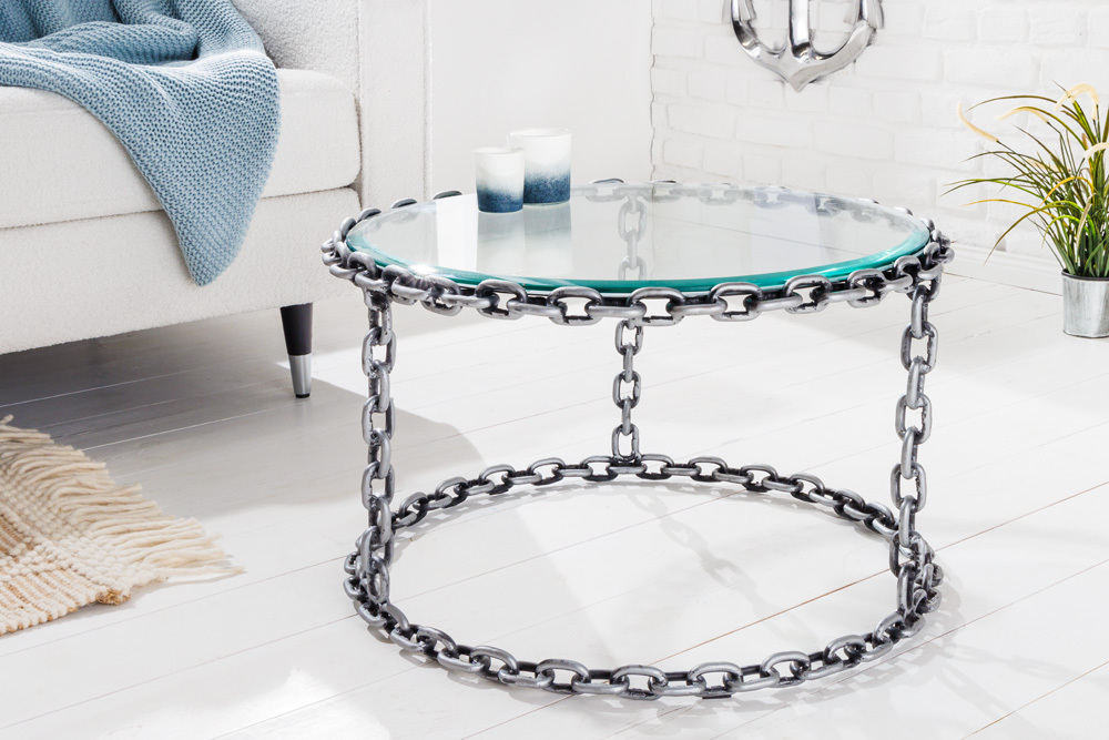 Design Couchtisch CHAINS 65cm silber handmade Metall rund Glasplatte Kettengestell