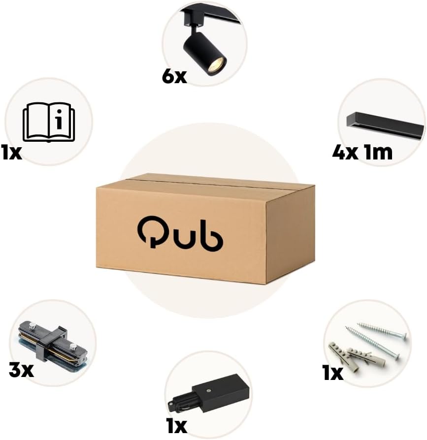 QUB FOCUS III – Spotbalken, 6-flammig – Schienensystem für Innenbeleuchtung, Komplett-Set mit 6 Spots für GU10 Leuchtmittel und 4 Schienen à 1 m = 4 m – Schwarz